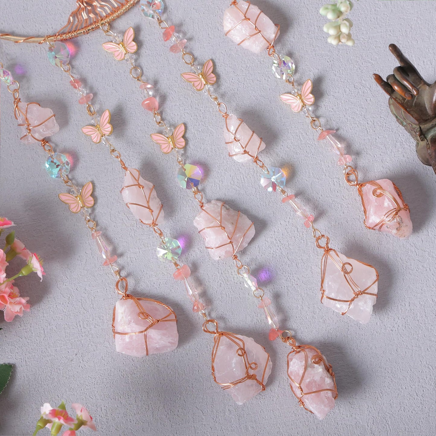 Pink Dream Catchers Crystal Tree of Life Dreamcatcher with Rose Quartz Butterfly Crystal Suncatcher for Windows Hangings Prism Decor Wall Bedroom Decoration Gifts for Boys Adults