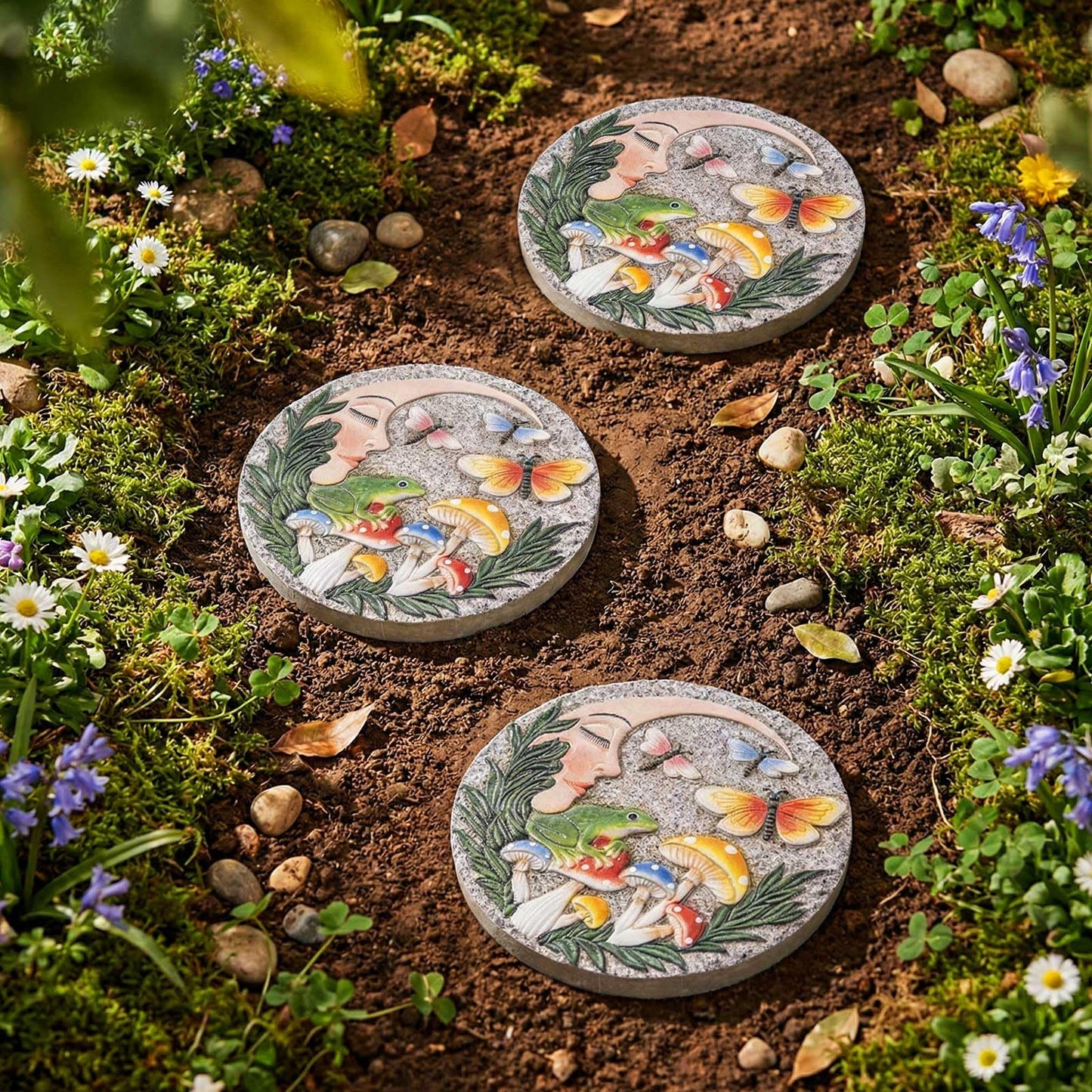 Bechivie Garden Stepping Stones Outdoor, 9.8" Resin Frog Stepping Stone with Moon Butterfly Mushroom, Spring Decorative Round Walkway Gardening Gifts Home Decor for Outside Yard Pathway Patio Lawn
