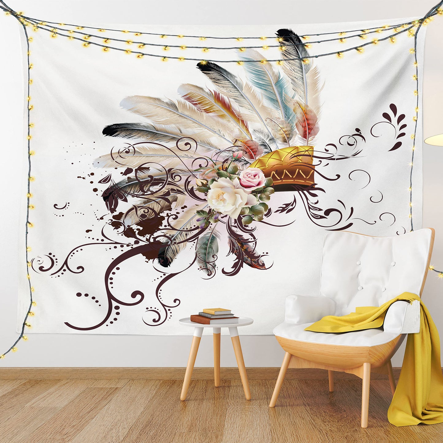 Ambesonne Feather Tapestry, Floral Arrangements Head Wear Flowers Swirls Shapes, Wide Wall Hanging for Bedroom Living Room Dorm, 60" X 40", Cream Ivory
