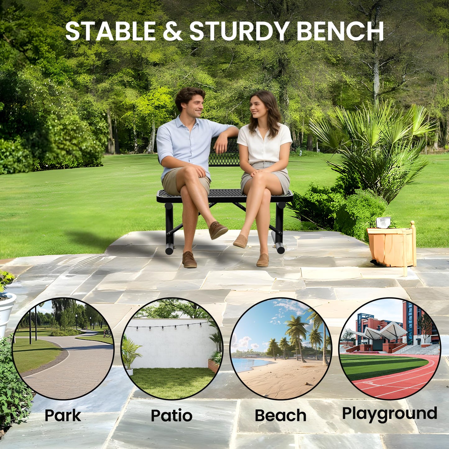 Sunnibety 4 Feet Heavy Duty Metal Park Bench for Outside, Outdoor Bench with Backrest & Portable Frame, Commercial Benches for Shopping Malls, Stores, Parks, Patios, Decks, Black
