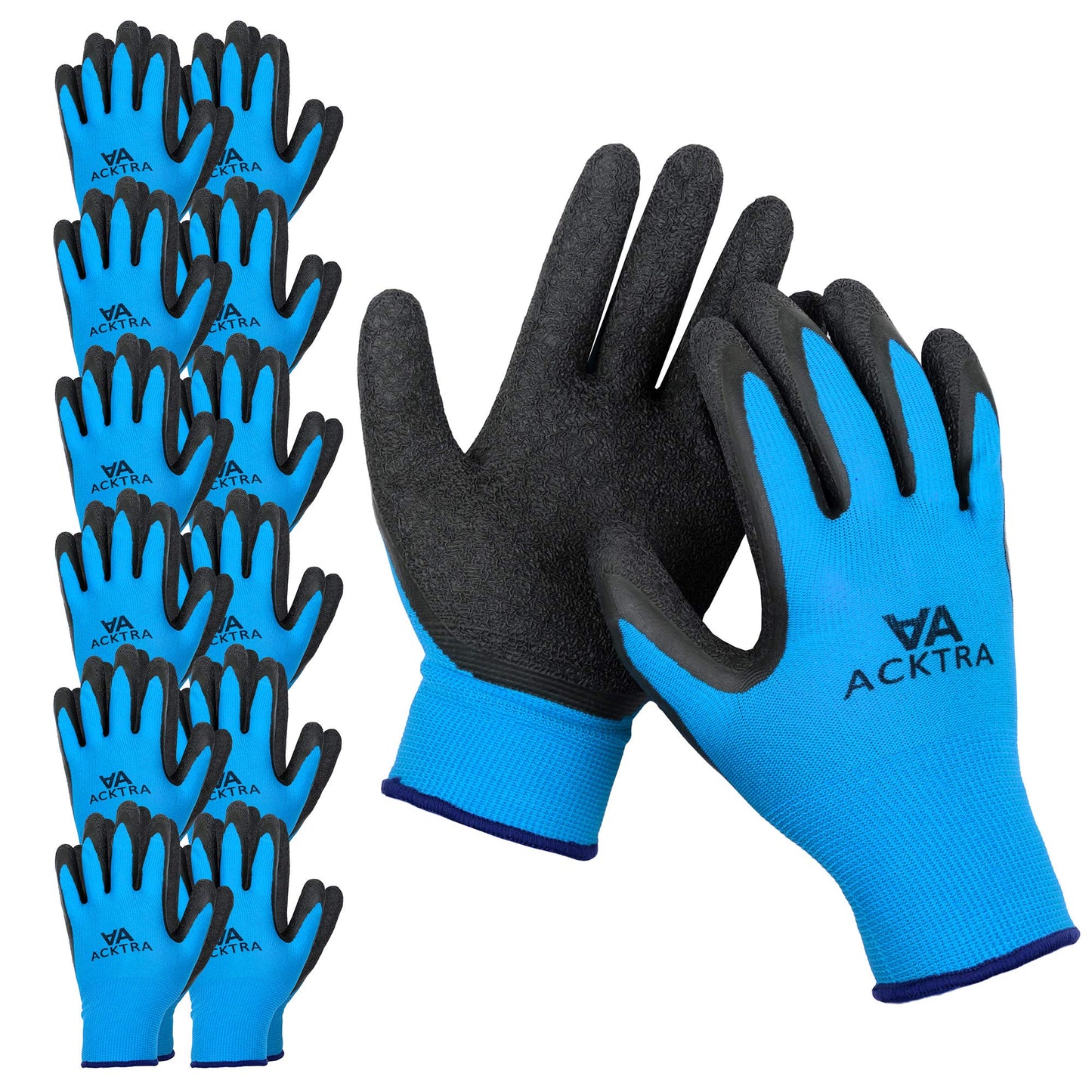 ACKTRA Coated Nylon Safety WORK GLOVES 12 Pairs, Knit Wrist Cuff, Multipurpose, for Men & Women, WG008 Blue Polyester, Black Latex, Medium