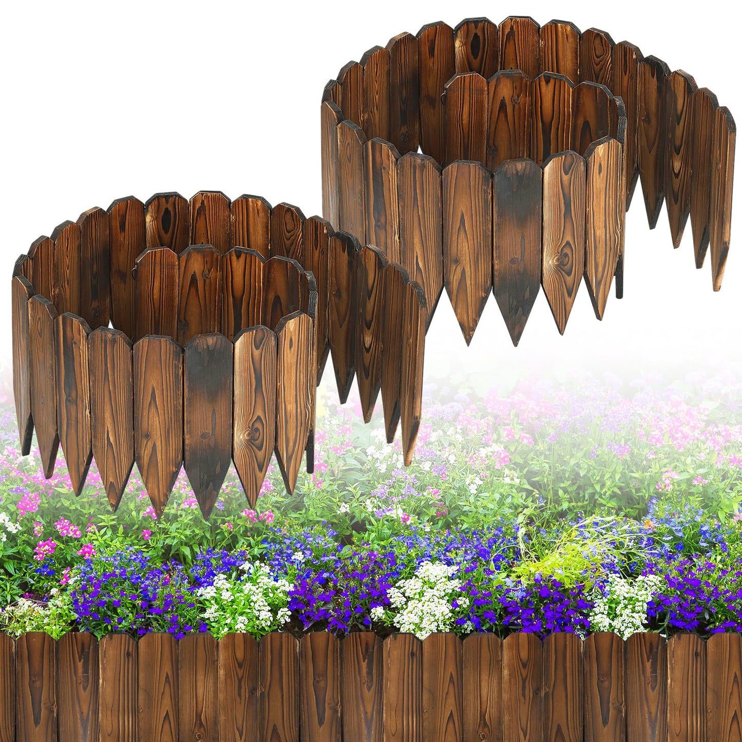 Rustic Pine Wood Garden Fence - 13.2ft Total Length (2pcs 6.6ft L*12in H) Easy to Install Sturdy Wooden Landscape Edging Border, No Fading Planter Fencing for Yard Flower Bed Lawns Pathway Tree