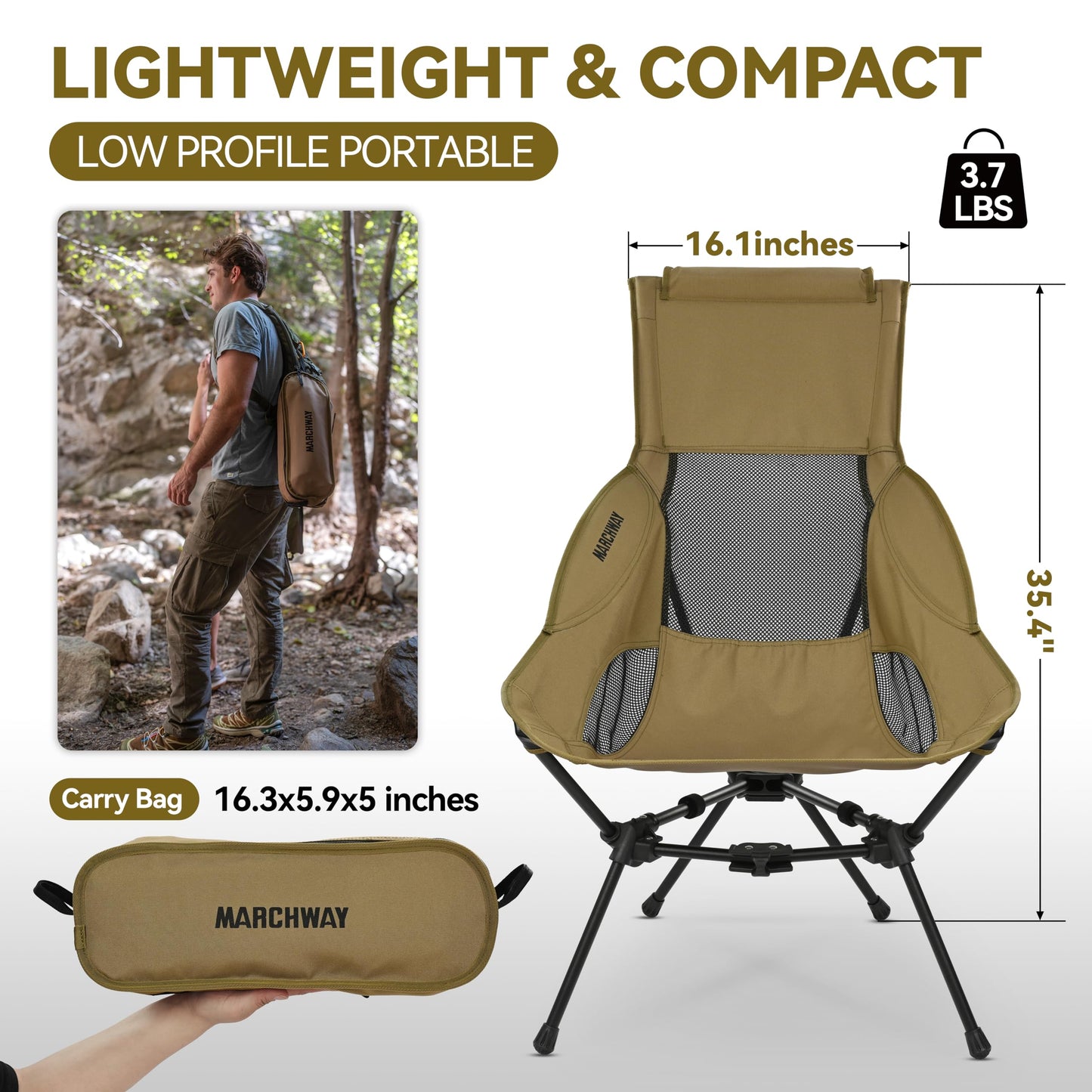 MARCHWAY Lightweight Folding High Back Camping Chair with Head Support, Stable Portable Compact for Outdoor Camp, Travel, Beach, Picnic, Festival, Hiking, Backpacking (Highback Khaki)