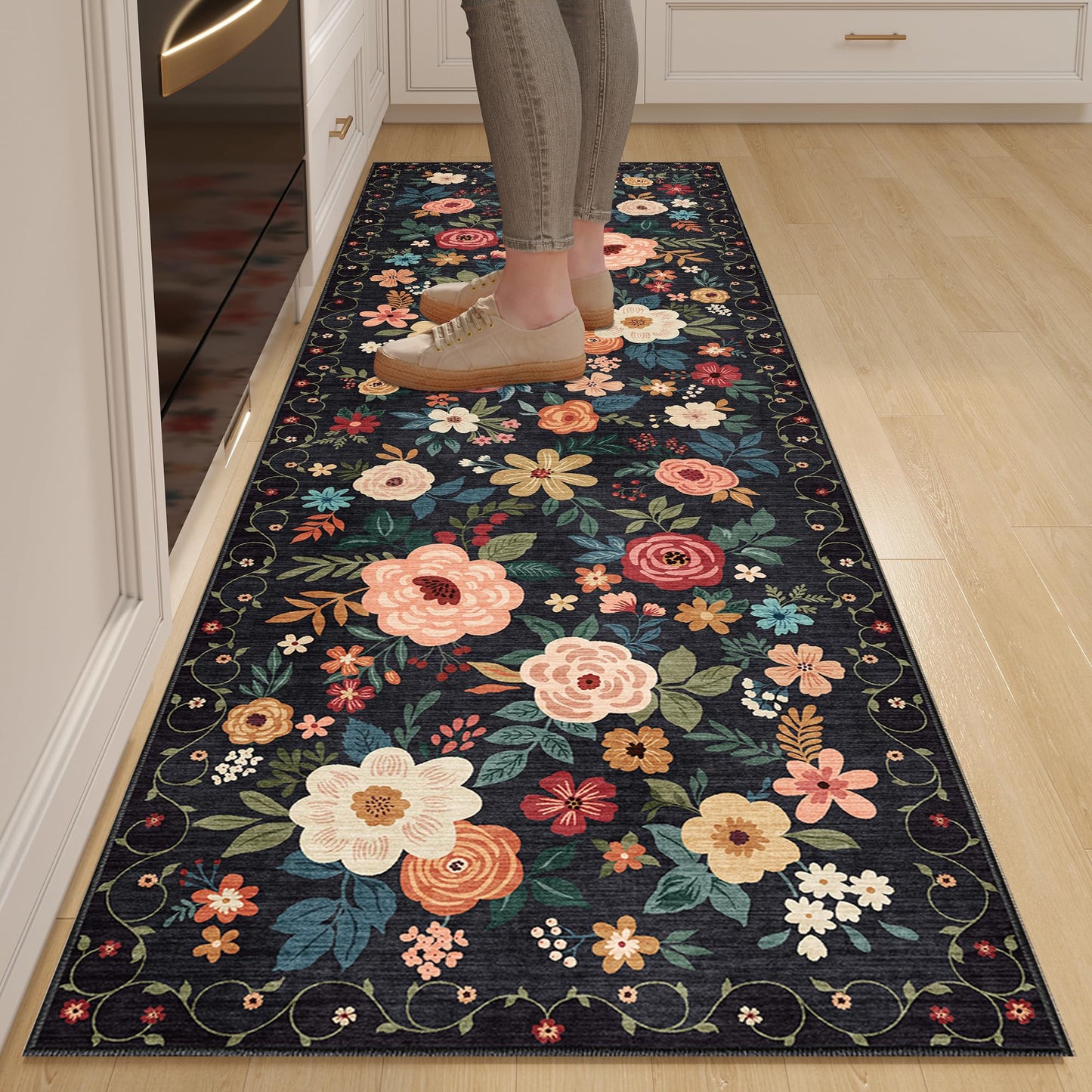 DUKINO 2x6 Runner Rug for Hallway, Washable Kitchen Runner Rug with Non Slip Backing, Low Pile Soft Boho Floral Runner for Kitchen, Hallway, Entryway, Laundry, Bedroom, Black