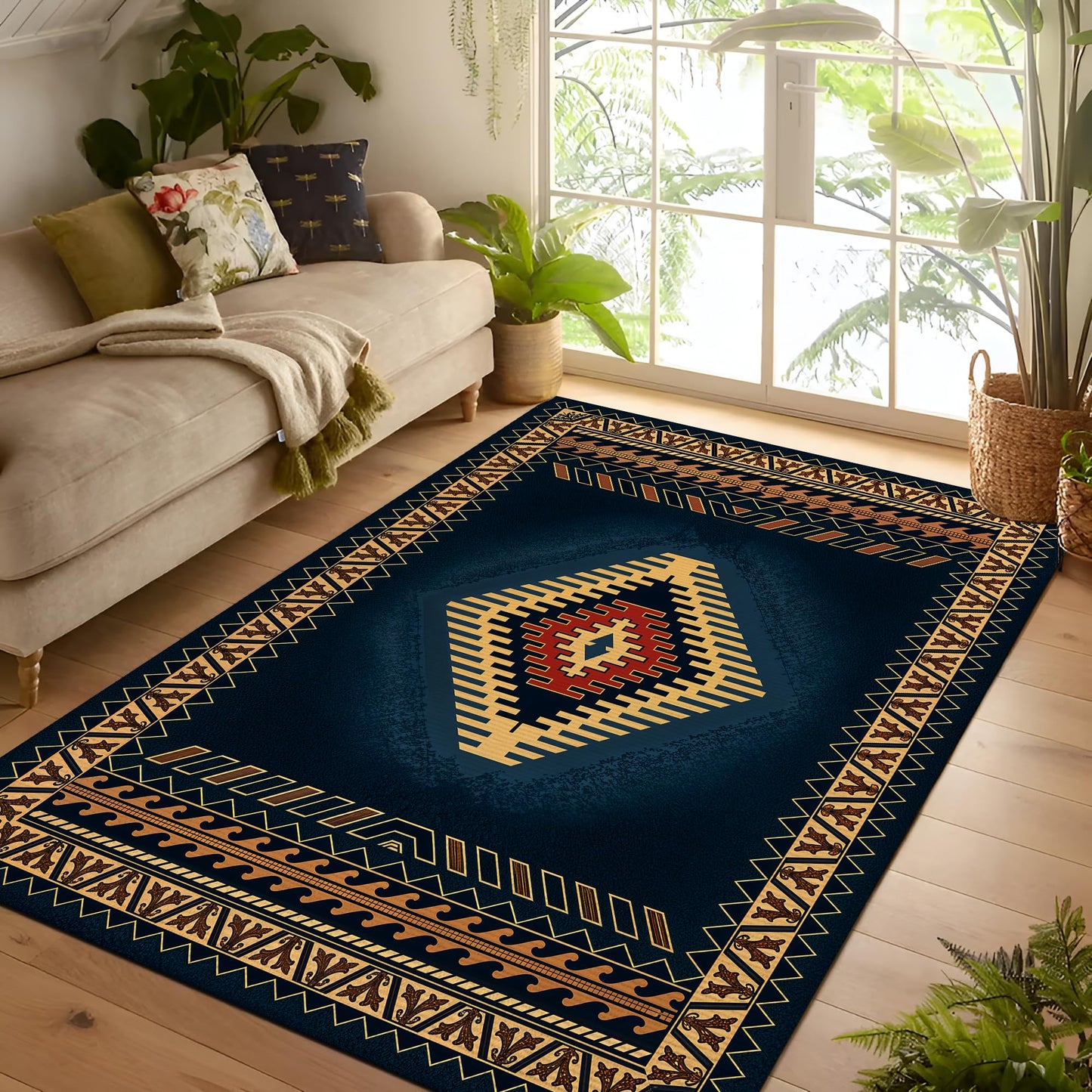 Southwestern Boho Tribal Area Rug 4x6 ft, Southwestern Geometric Pattern Carpet, Non-Slip Soft Floor Mat for Living Room Bedroom Home Decor