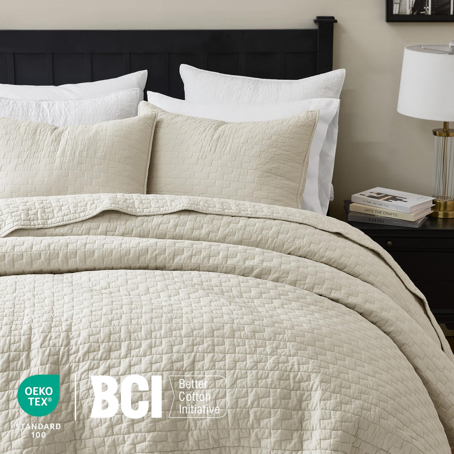 palassio Beige 100% Cotton Quilt Queen Size Bedding Sets with 2 Pillow Shams, Textured Lightweight Soft Bedspread Shabby Chic Coverlet, Neutral Quilted Comforter Bed Cover for All Season, 3 Pieces