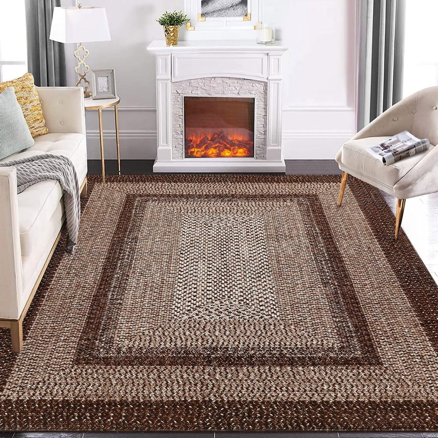 GAOMON Boho Braided Print Accent Rug, 6' x 9' (Rectangular), Brown, Machine Made, Non-Slip, Low Pile, Polyester, Area Rug