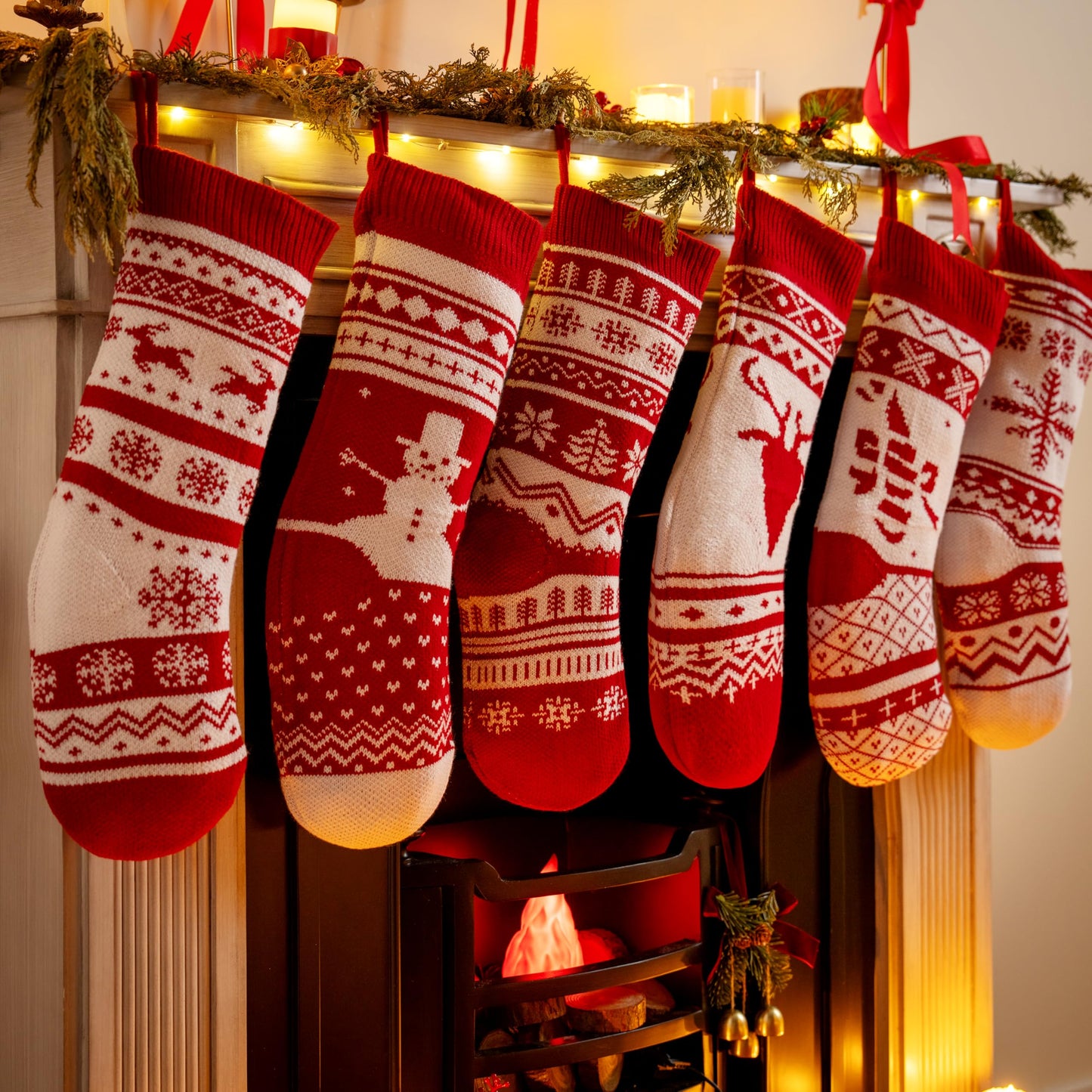 JOYIN 6 Pack 18" Christmas Knit Stockings, Large Rustic Yarn Xmas Stockings Bulk, Cable Knit Xmas Stockings with Snowflake Snowman Reindeer Character for Christmas Tree Fireplace Holiday Decorations