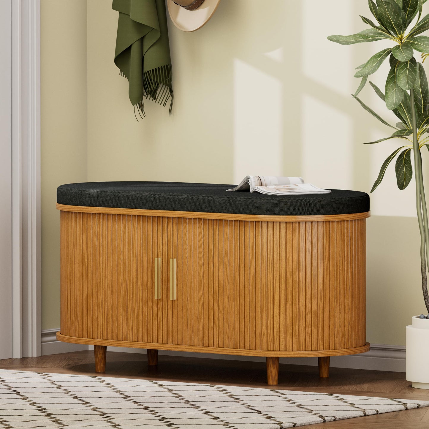 DHH 2-Tier Storage Bench,Wide Shoe Bench with Thickened Padded Seat Cushion, Mid Century Modern Fluted Sliding Door and Adjustable Shelf, for Entryway, Living Room, Bedroom (Yellow Walnut, 35.4“)