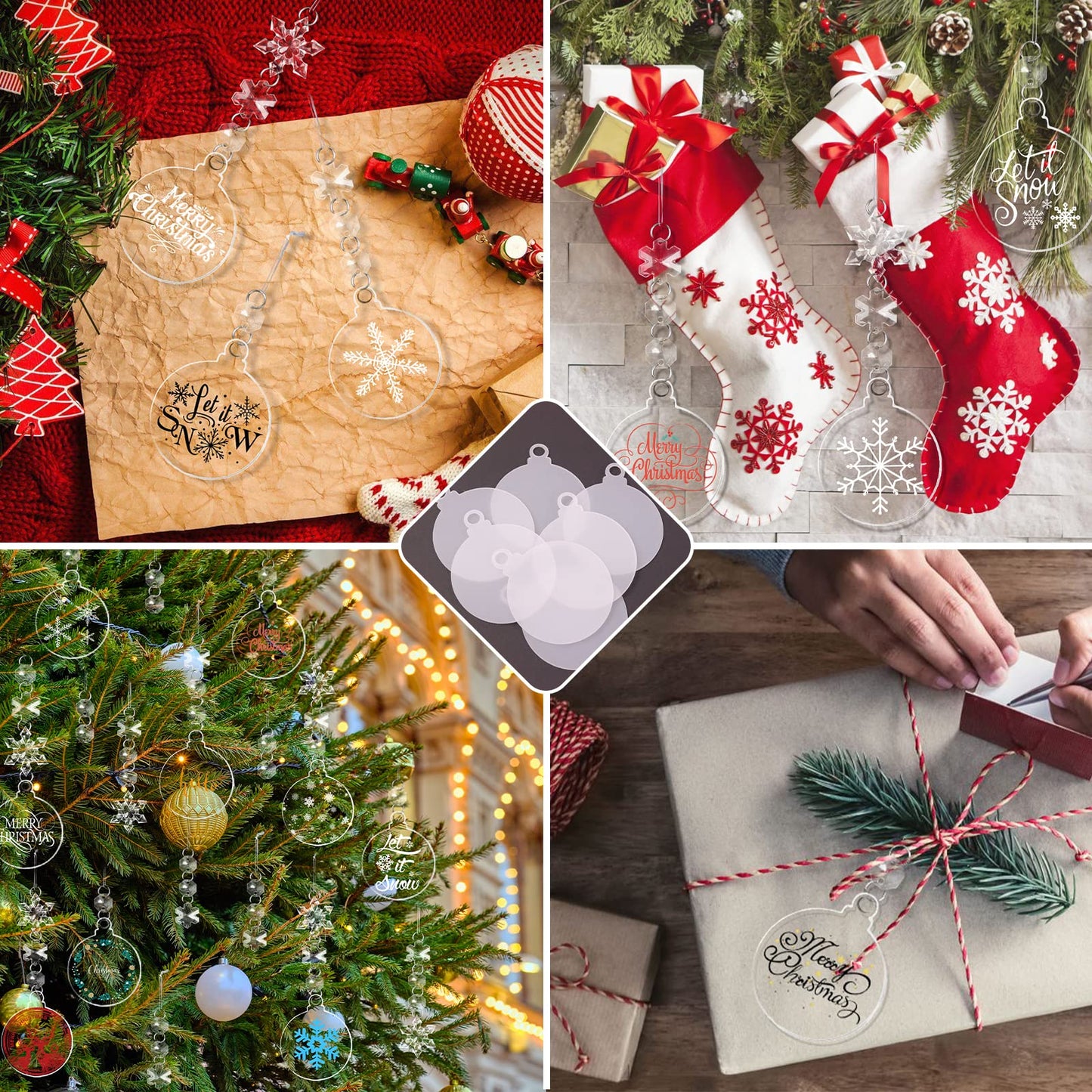 24 Pack Christmas Tree Ornaments Set - 3 Inch Clear Acrylic Flat Disc Ornaments DIY Christmas Crafts with Transparent Crystal Snowflakes for Xmas Winter New Year Party Hanging Decorations