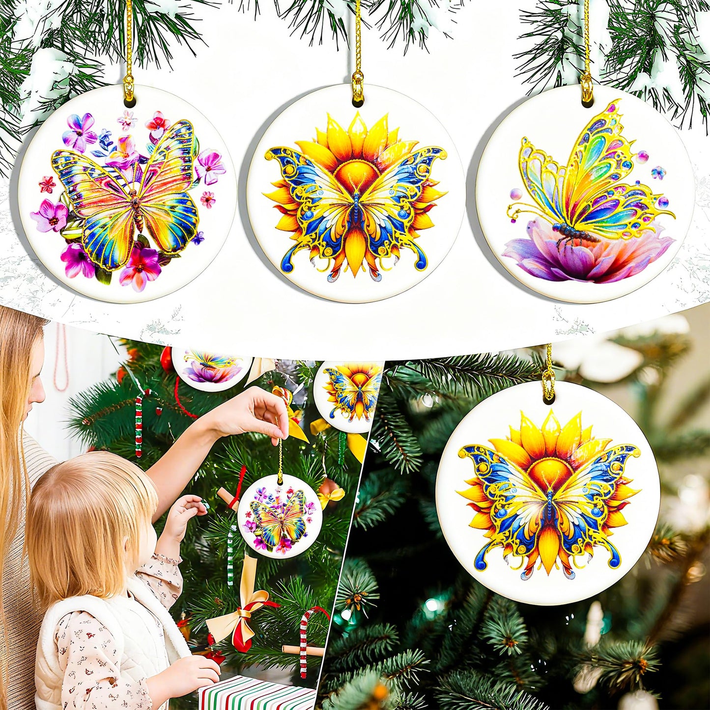 YOXUTEP 3-Pack Ceramic Butterfly Ornaments, Hand-Painted Christmas Tree Decor for Home, Exchange, Xmas Presents & Festive Decoration