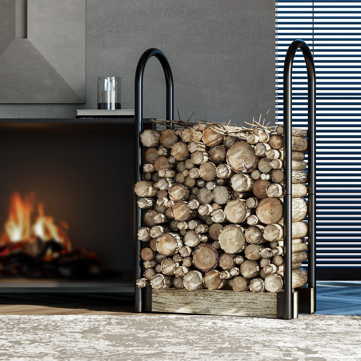 Fire Beauty Firewood Log Rack Adjustable Bracket Kit, Fireplace Wood Storage Holder,Black Powder,Coated Steel, Outdoor and Indoor(Adjustable)