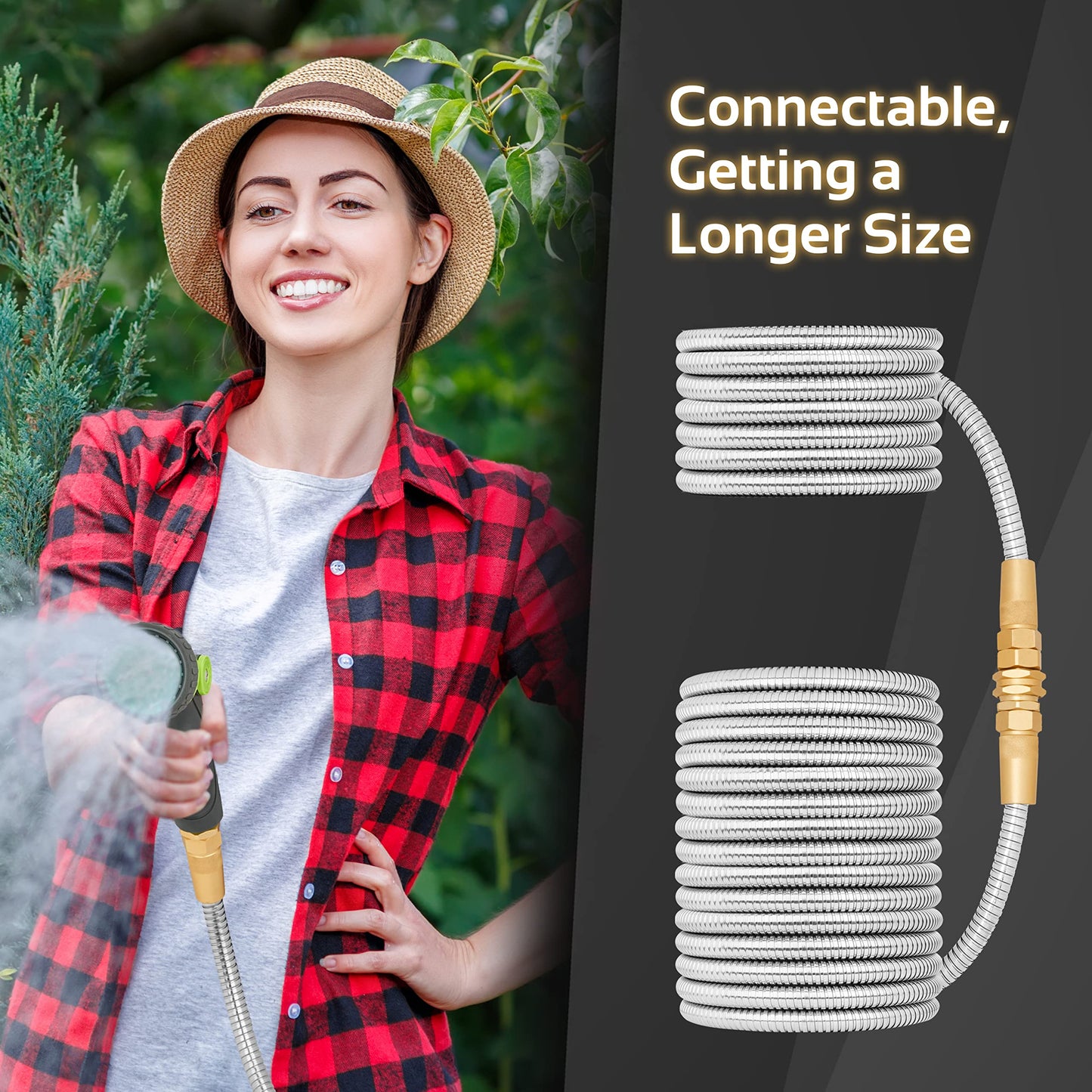 360 GADGET Garden Hose Metal - 100ft Heavy Duty Stainless Steel Water Hose with 8 Function Sprayer & Metal Fittings, Flexible, Lightweight, No Kink, Puncture Proof Hose for Yard, Outdoors, Rv