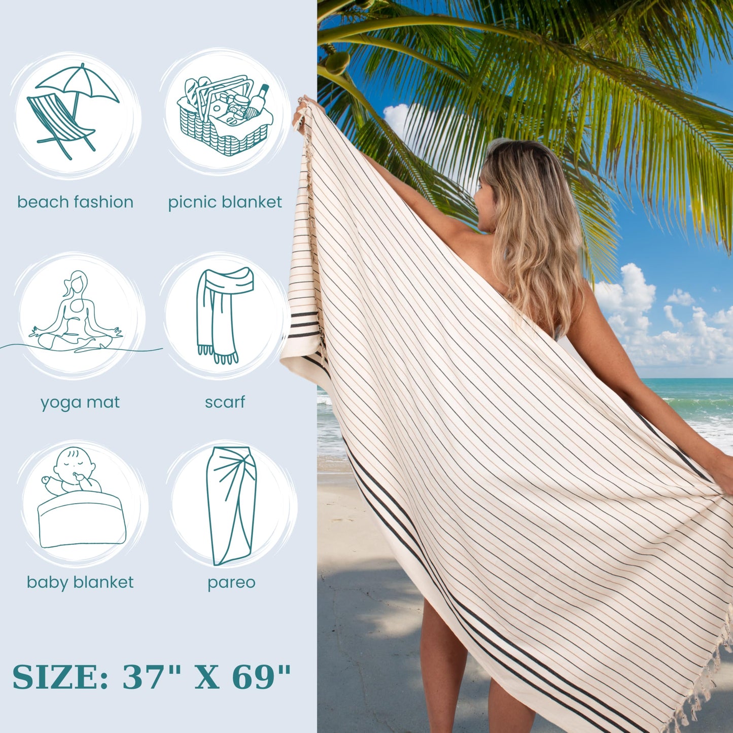 100% Cotton Turkish Beach Towels Great for Beach, Bathroom Towels Adult Travel Essentials Cruise Accessories Vacation Yoga Mat Soft Feel High Absorbent Sand Free Quick Dry (Marine Blue)