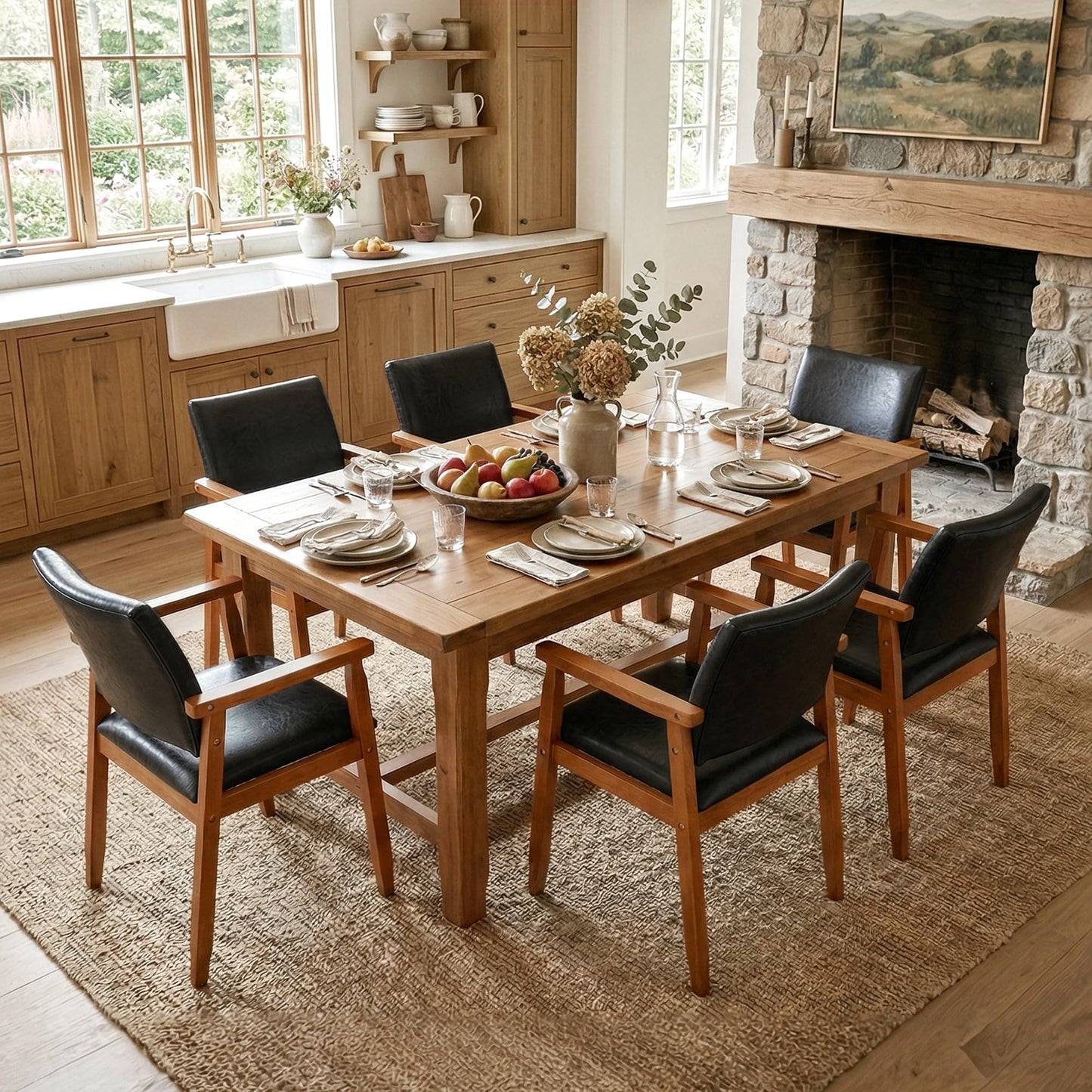 NOBPEINT Mid-Century Modern Dining Chairs with Armrest Set of 1, PU Leather Upholstered Dining Room Chairs with Solid Wood Frame, Walnut Kitchen Armchairs for Kitchen Living Room Restaurant, Black