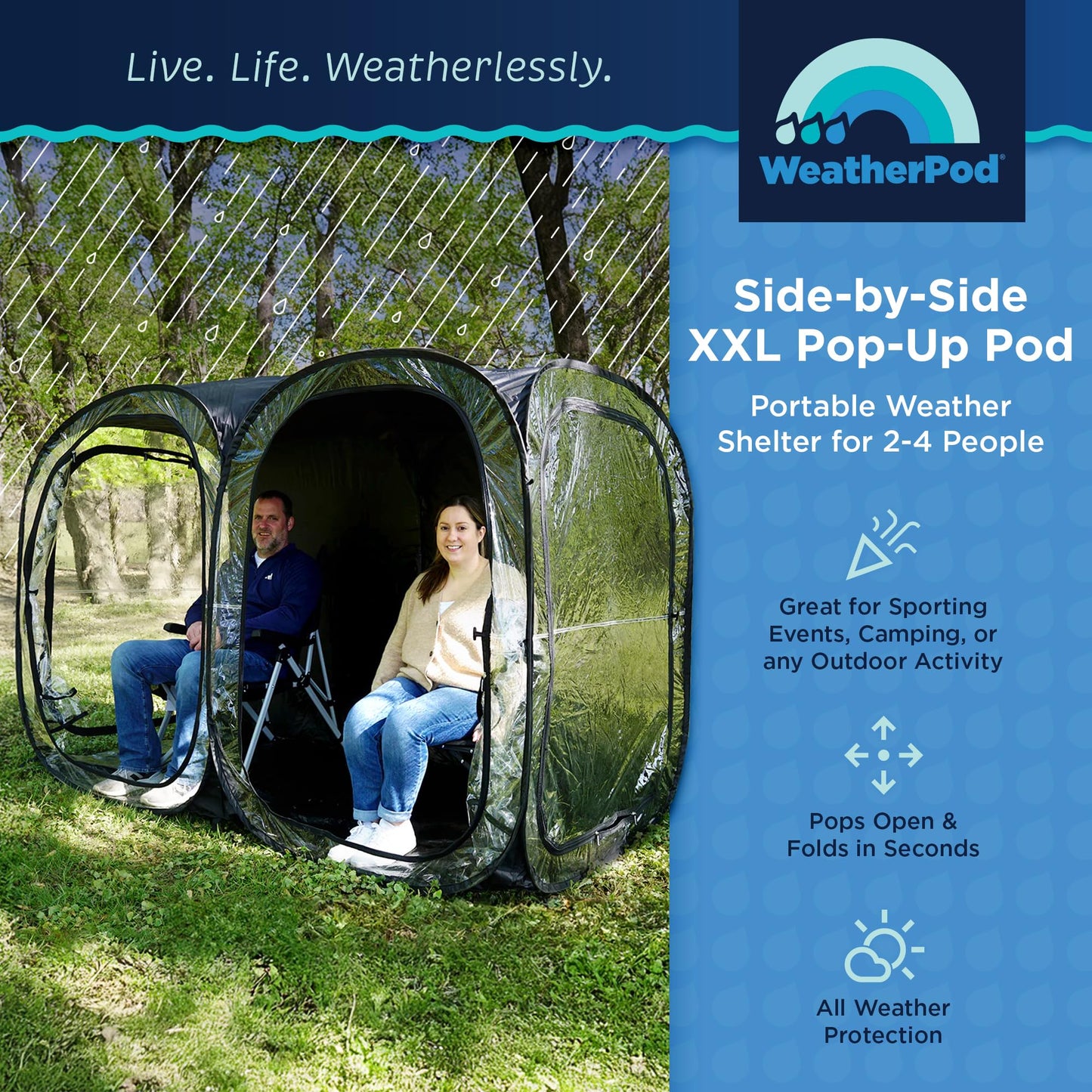 WeatherPod® Side-by-Side™ 2-4 Person Pop-Up Sports Tent Pod - The Original Shark Tank Instant Setup All-Weather Pod Shelter for Outdoor Sports, Rain, Wind & Cold
