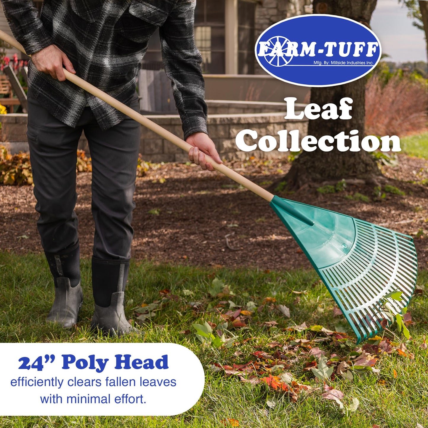 FARM-TUFF 24 Inch Leaf & Lawn Rake with 48 Inch Hardwood Handle - Extra-Wide, Durable Rake for Lawns, Gardens, and Yard Cleanup