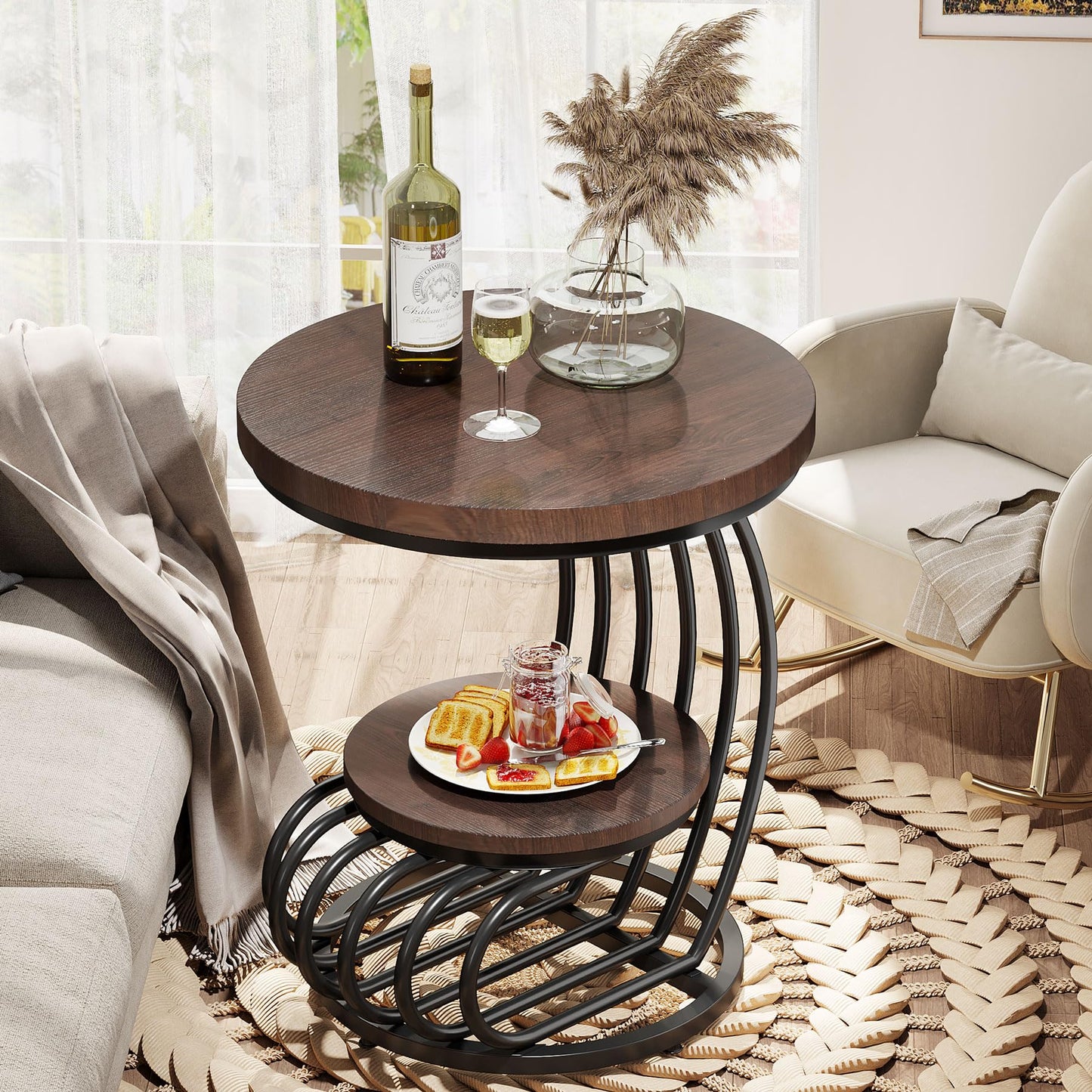 Tribesigns Round End Side Table: Side Table with 2 Tiers Storage Shelves, Vintage End Table for Living Room, Small Bedside Table Accent Table with Arc-Shaped Frame, Rustic Brown