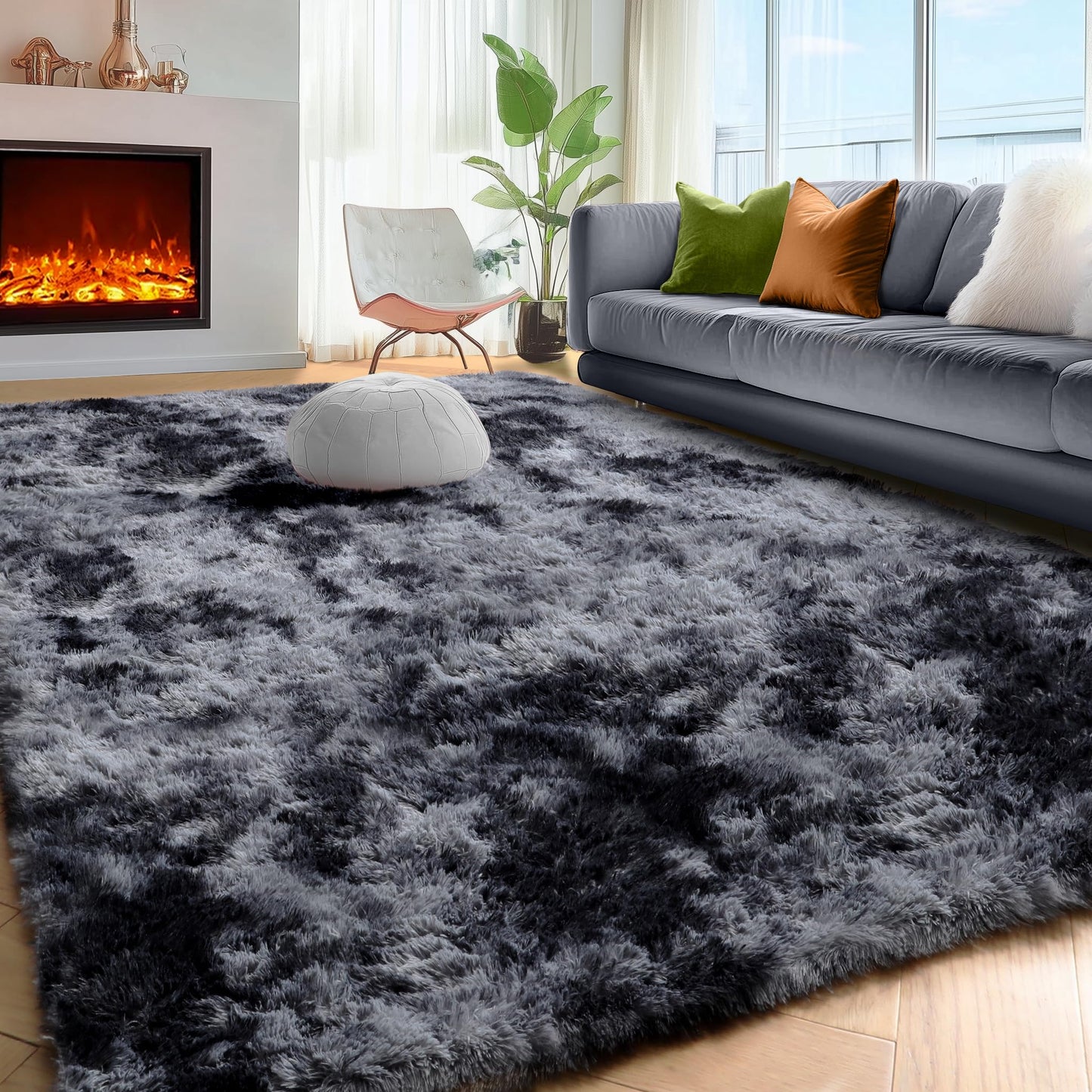 PAGISOFE Abstract Shaggy Area Rug 4' x 6' Plush Furry Rugs for Living Room, Tie-Dyed Dark Grey Soft Fluffy Rugs for Bedroom Grils Boys, Fuzzy Rug for Nursery, Dorm. Shag Carpet for Kids Room Decor
