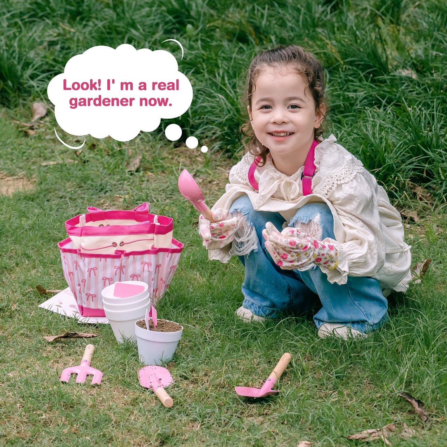 ROBUD Kids Gardening Set 18 PCS Bow Theme Garden Tools for Kids with Storage Bag, Apron, Waterproof Gloves, and Planting Cards – Educational Outdoor STEM Gardening Toy Gift for Girls and Toddlers