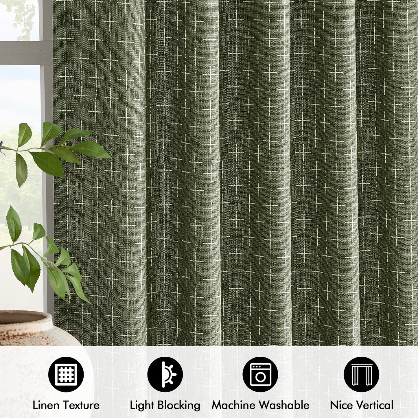 MIULEE Decorative Back Tab Linen Curtains with Geometric Pattern for Living Room Bedroom Farmhouse Rustic Thick Woven Textured Patterned Mudcloth Drapes 84 Inches Long 2 Panels Set, Olive Green