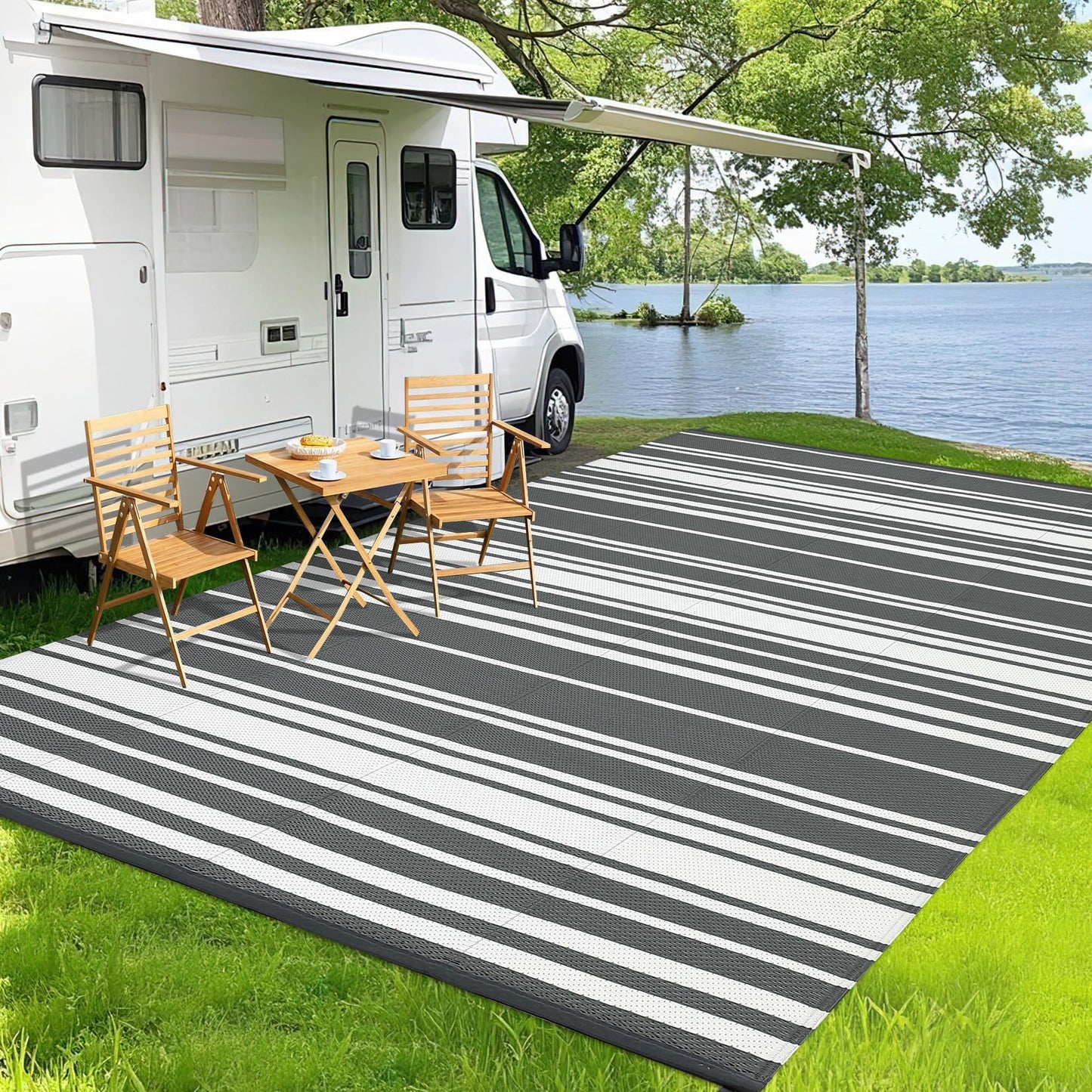 Jojoka Modern Outdoor Rug Reversible Plastic Straw Rug, Geometric Lines Pattern, UV-Resistant Portable Camping Carpet for Patio, RV, Deck, Trailer & Poolside