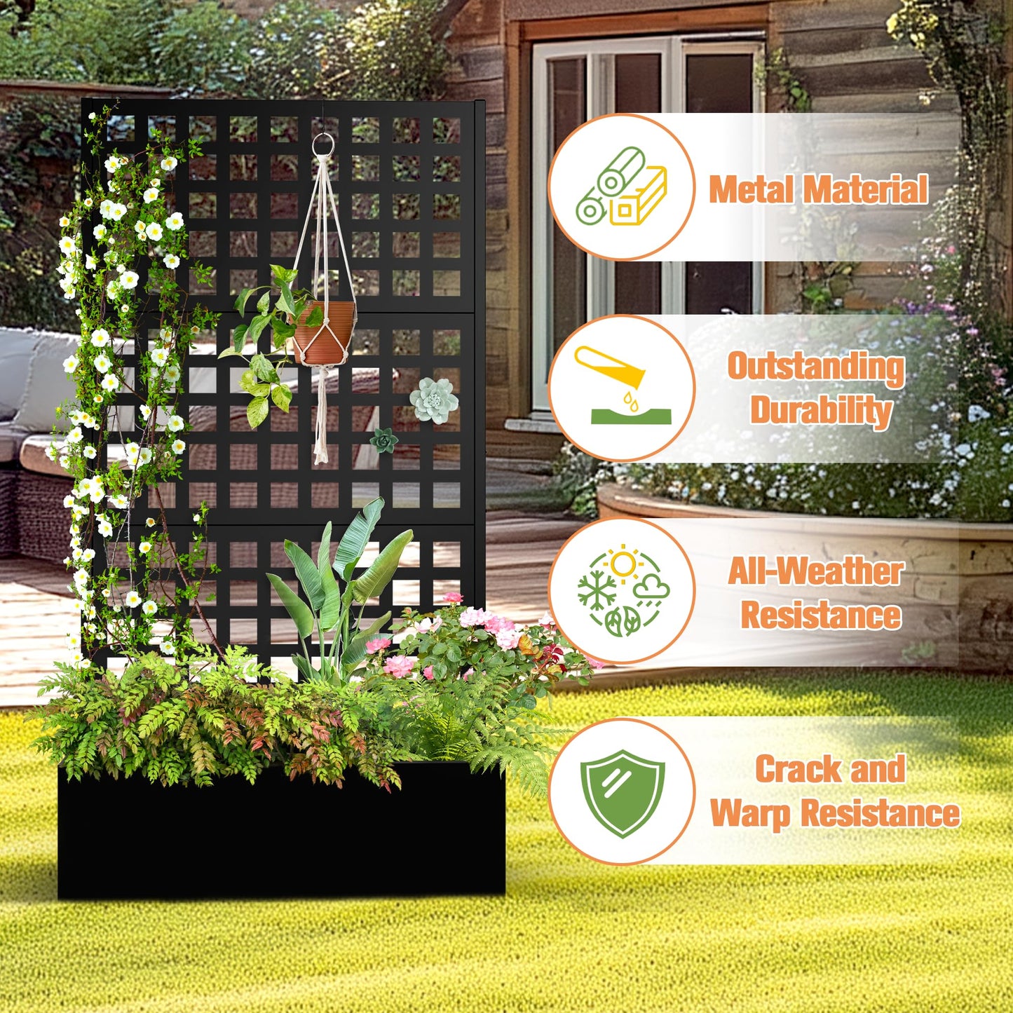 TUYOHW Metal Planter Box with Trellis, Raised Garden Bed with Privacy Screen, Outdoor Planter Box for Climbing Plants, Vine Support Flower Bed with Drainage Holes for Garden, Patio, Balcony