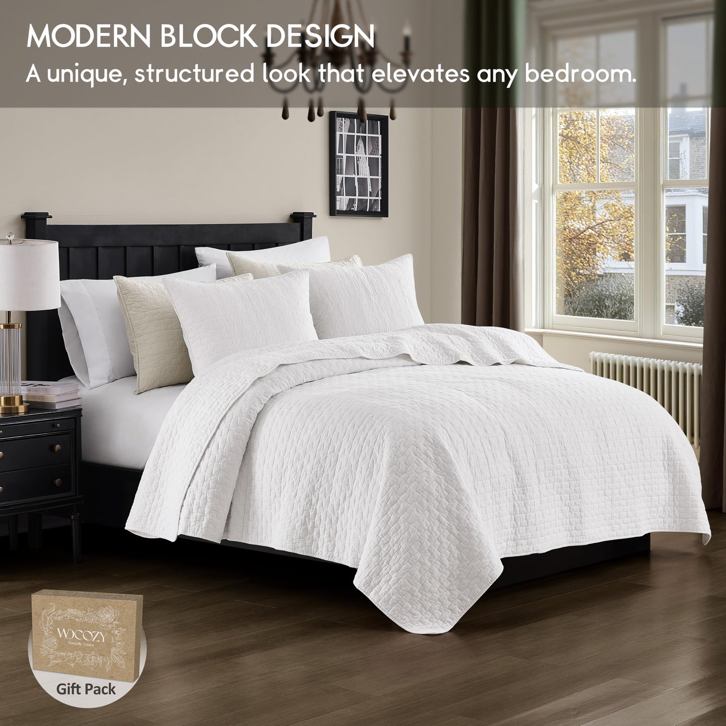 palassio White 100% Cotton Quilt Queen Size Bedding Sets with 2 Pillow Shams, Textured Lightweight Soft Bedspread Shabby Chic Coverlet, Quilted Comforter Bed Cover for All Season, 3 Pieces