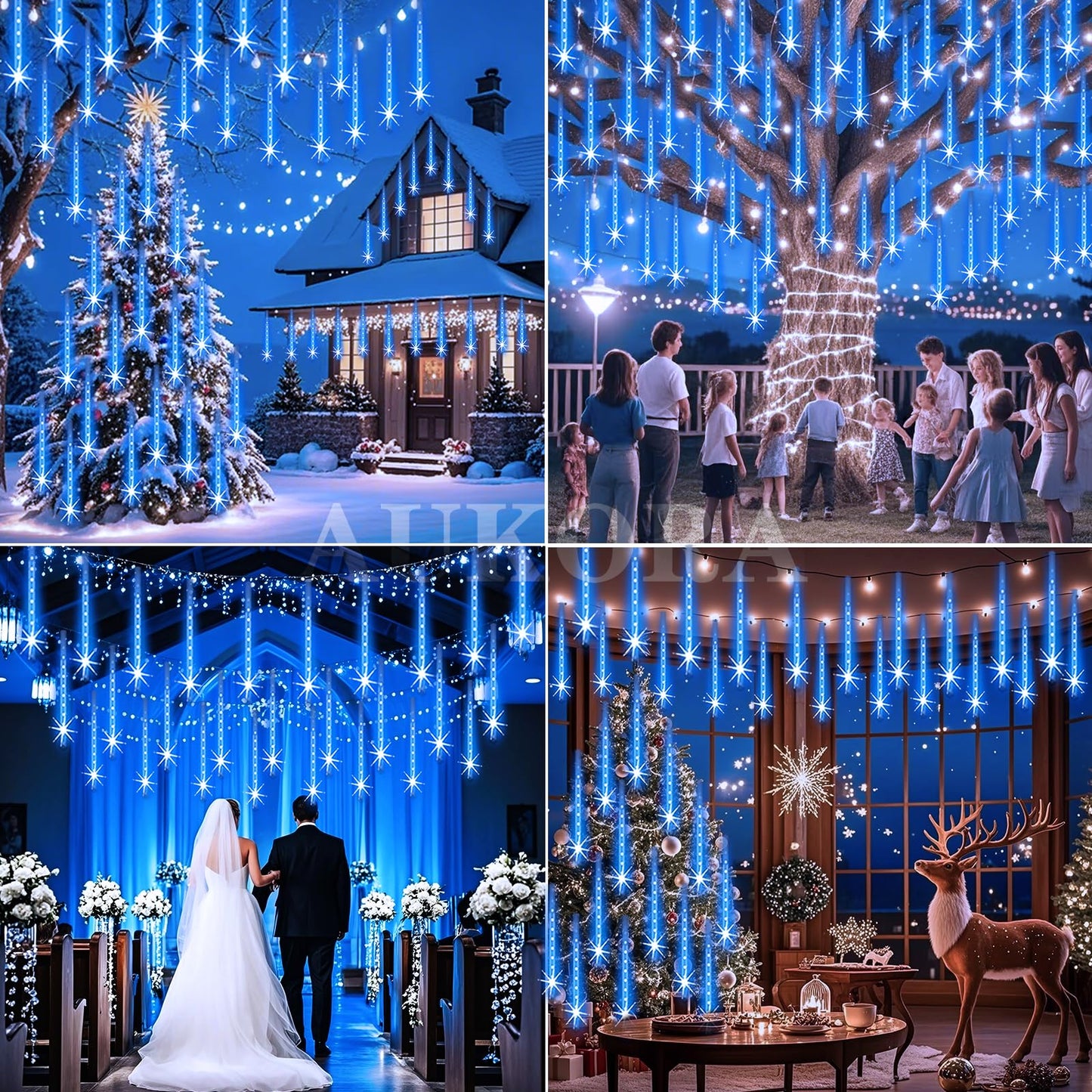 Aukora Christmas Lights Outdoor Meteor Shower Lights 12 inch 8Tubes 192LED UL Certified Falling Rain Drop Snow Icicle String Light for Xmas Tree Christmas Decorations Party Wedding Holiday Yard Blue