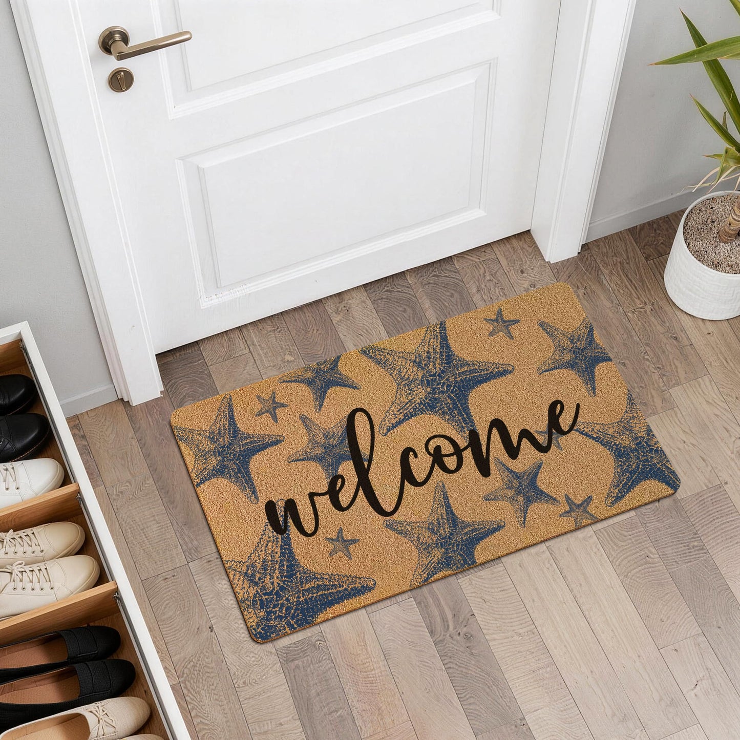 GUULIJEEMIY Coastal Starfish Door Mat, Nautical Blue Starfish Welcome Front Door Mat Rug Outdoor Indoor Entrance, Beachy Ocean Artificial Coir Doormat for Beach House Porch Patio Entry, 30x17 Inch