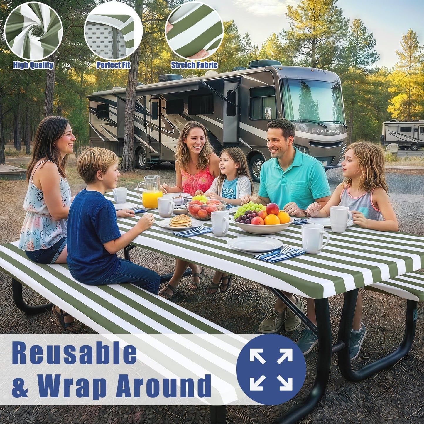 Moosfor Picnic Table Cover with Bench Covers, Elastic Fitted Spandex Tablecloths for 6 Foot Rectangle Tables, Stretch Washable Patio Tablecloth for Outdoor, Camping (Stripe, 30"x72")