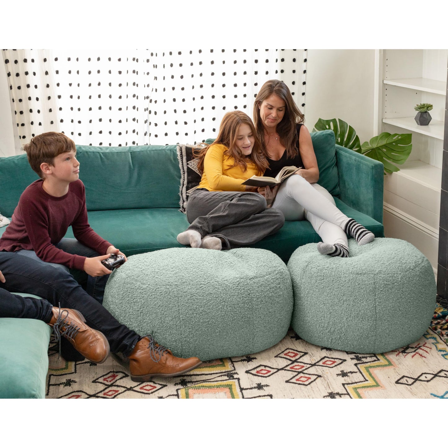 Jaxx Ellis Ottoman Shearling Faux-Lamb Plush Pouf for Modern Interior Design, Oval, Mineral Green