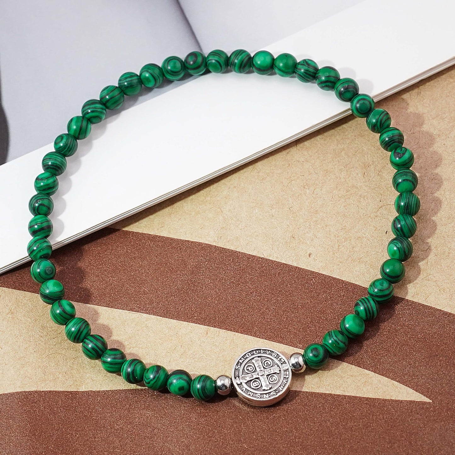 Lameybrt Evil Eye Bracelet 4 mm Natural Stretch Adjustable Beaded Bracelets for Men (C08 Malachite, One Size)