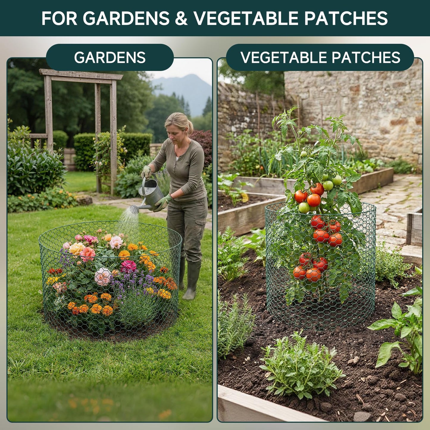 16In x 49.2Ft Plant Protectors from Animals, Wire Plant Cages for Outdoor Plants Chicken Wire Garden Protection from Animals Plant Fence Protectors to Keep Animals Out with Ground Stakes & Nylon Ties