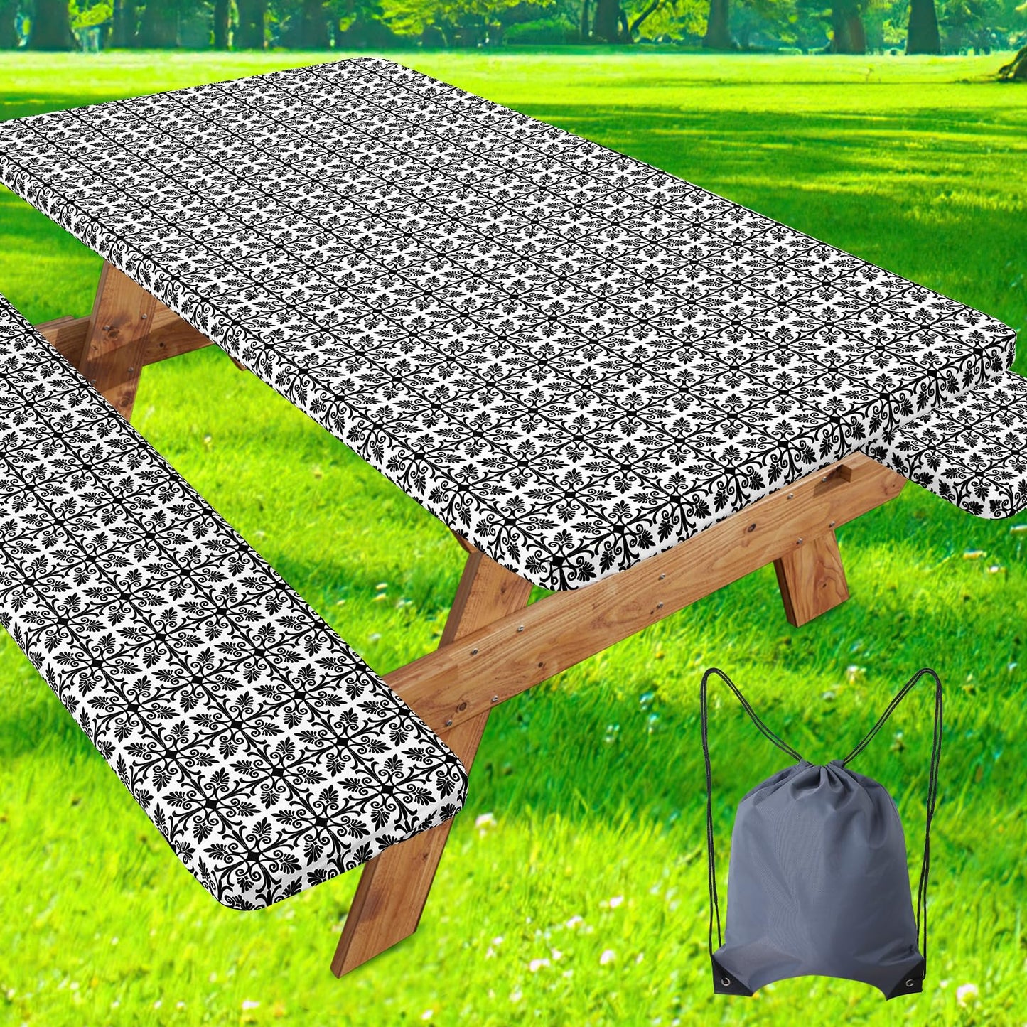 misaya Picnic Table Cover with Bench Cover, Waterproof Elastic Fitted Tablecloth for 6 Foot Tables, Rectangle Washable Polyester Tablecloths for Picnic, Camping, Outdoor (Black, 30" x 72")