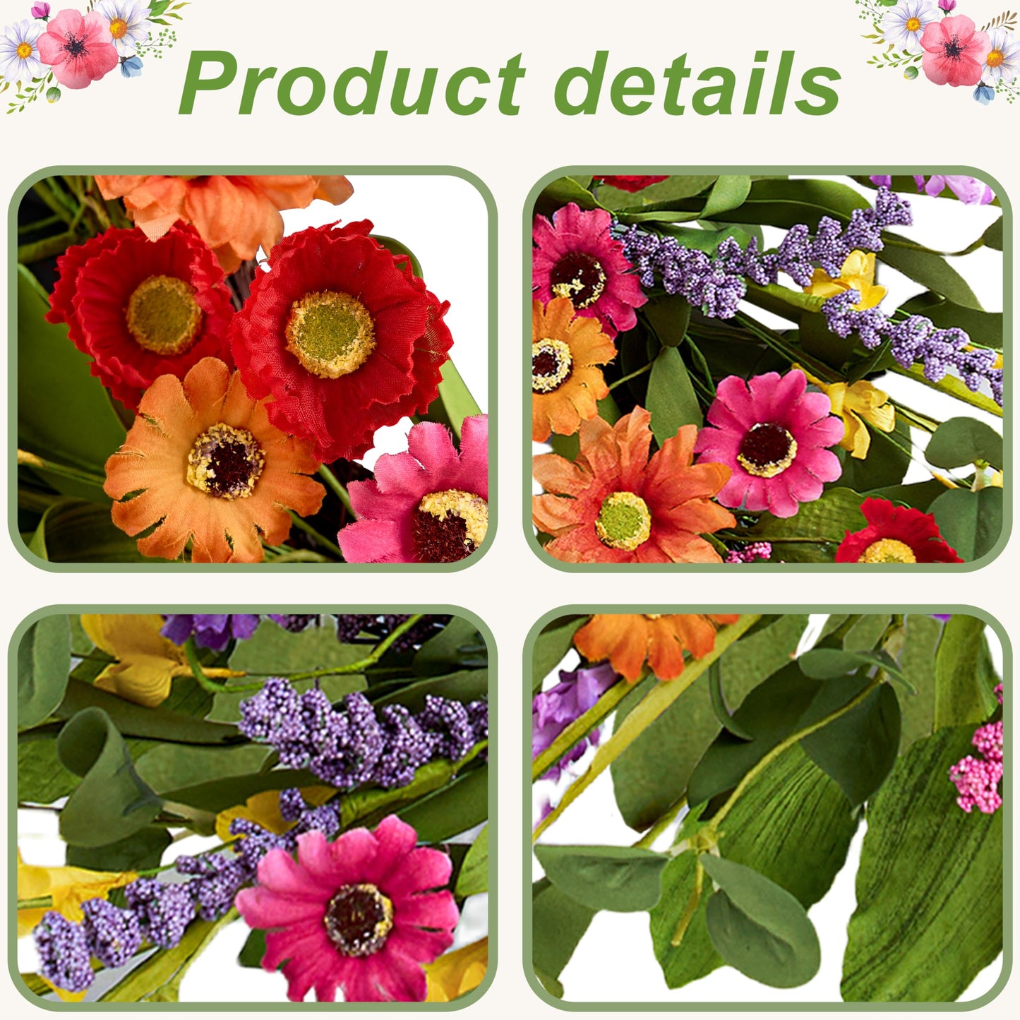 WSTPUPU Artificial Spring Wreath 22 Inch Summer Wreaths for Front Door with Green Eucalyptus Leaves Pink Daisy Lavender Spring Door Wreath for Farmhouse Wall Wedding Home Porch Easter