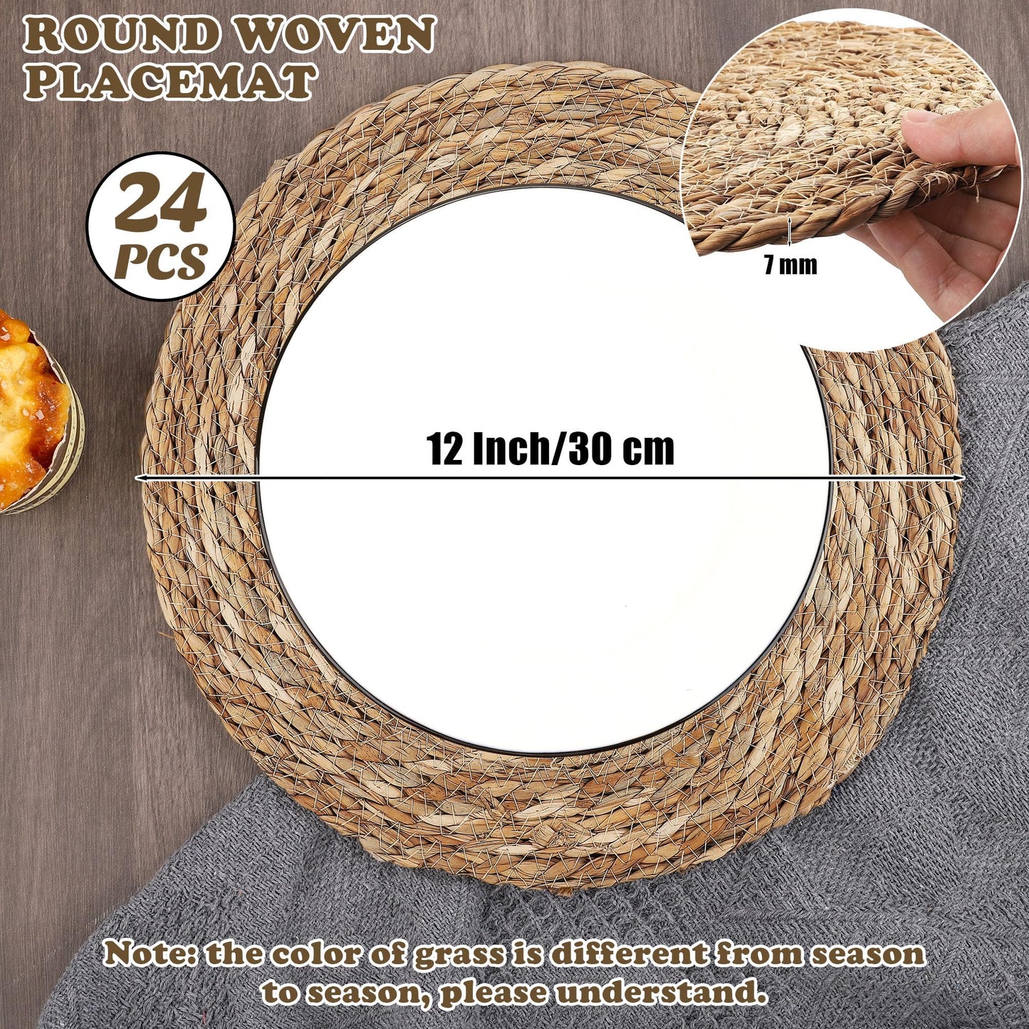 Kochorie Set of 24 Round Woven Placemats 12 Inches Bulrush Placemats Natural Hand-Woven Boho Rattan Placemats Wicker Table Mats Farmhouse Weave Place Mats for Home Dining Table