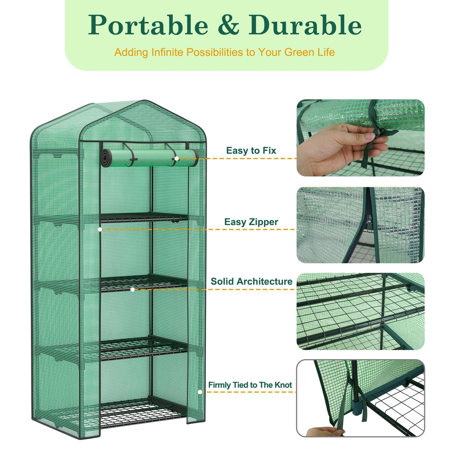 JupiterForce 4 Tier Mini Greenhouse Indoor Outdoor Portable Small Green House with Durable PE Cover&Roll-Up Zipper Door, Waterproof Greenhouses for Plant Seed & Seedling, 2.3x1.5x5.3 FT