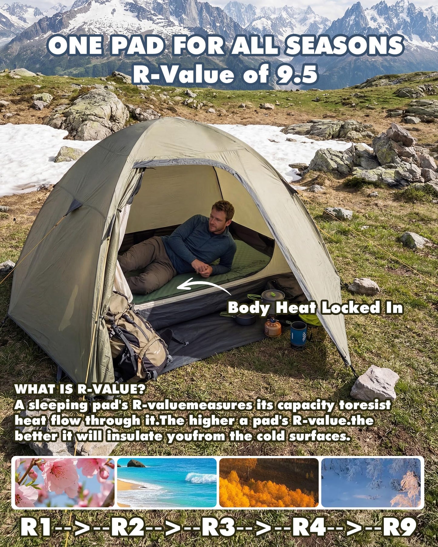 Self-Inflating Sleeping Pad With Electric Pump, 4" Ultra-Thick Memory Foam Camping Mattress For Tent Car Travel, Fast Inflation 20s, 9.5 R-Value 4-Season Insulated, Compact Portable Comfort