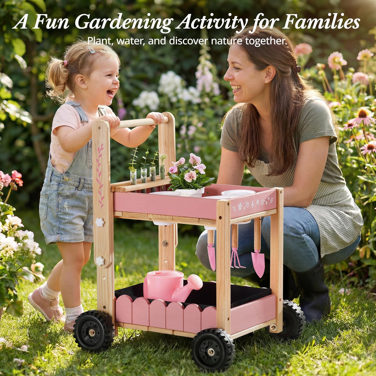 ROBOTIME Kids Gardening Tools with Cart Wheelbarrow - Wooden Outdoor Garden Toys Set with Watering Can, Shovel, Hand Rake & Plant Labels, Outdoor Backyard Play Toys for Toddler Gift (Pink)
