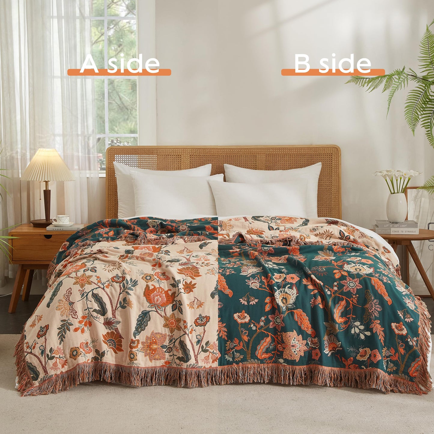Boho Throw Blanket for Bed 60”x80”, 100% Cotton Woven Blanket for Couch Sofa, Ultra Soft 4-Layer Muslin Quilt with Floral Printed, Farmhouse Bed Blanket/Cover for Living Room Decor