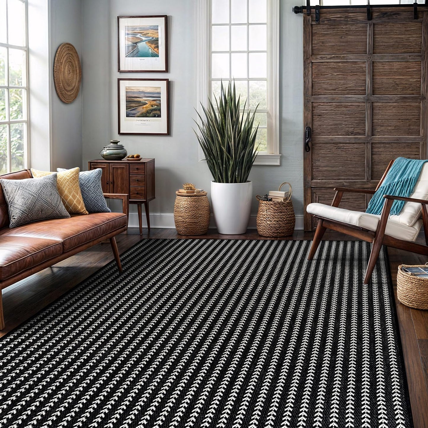 Washable Outdoor Rug 6x9 Modern Area Rugs Outdoor Carpets Striped Pattern Non Shedding Waterproof Easy Clean Patio Deck Porch Living Room Bedroom Garden RV (6 X 9 Black)