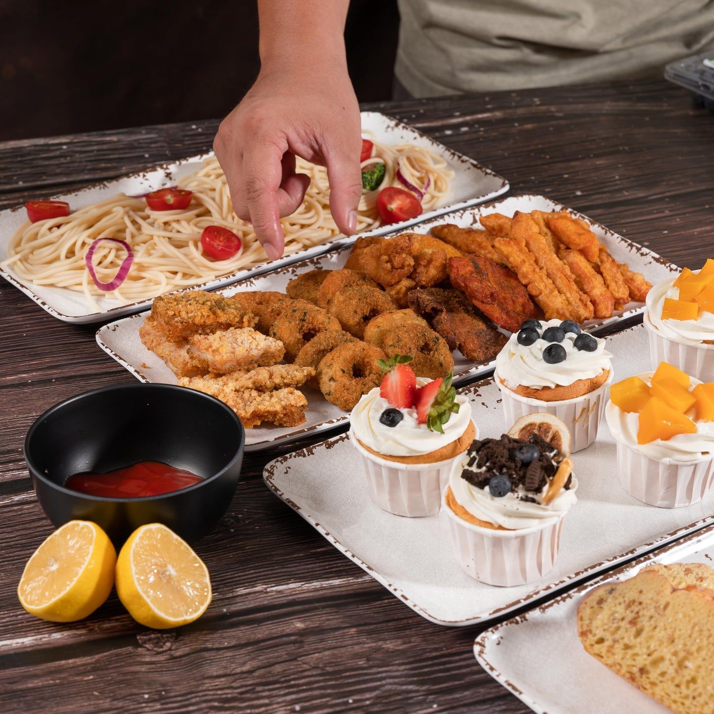 ZAROCRUS 4-Pack 14" x 7" White Serving platter Set, Reusable Farmhouse Melamine Serving Platters for Cookie, Appetizer, Charcuterie, Snack, Party Food Display - Stackable Kitchen CounterTop Tray.