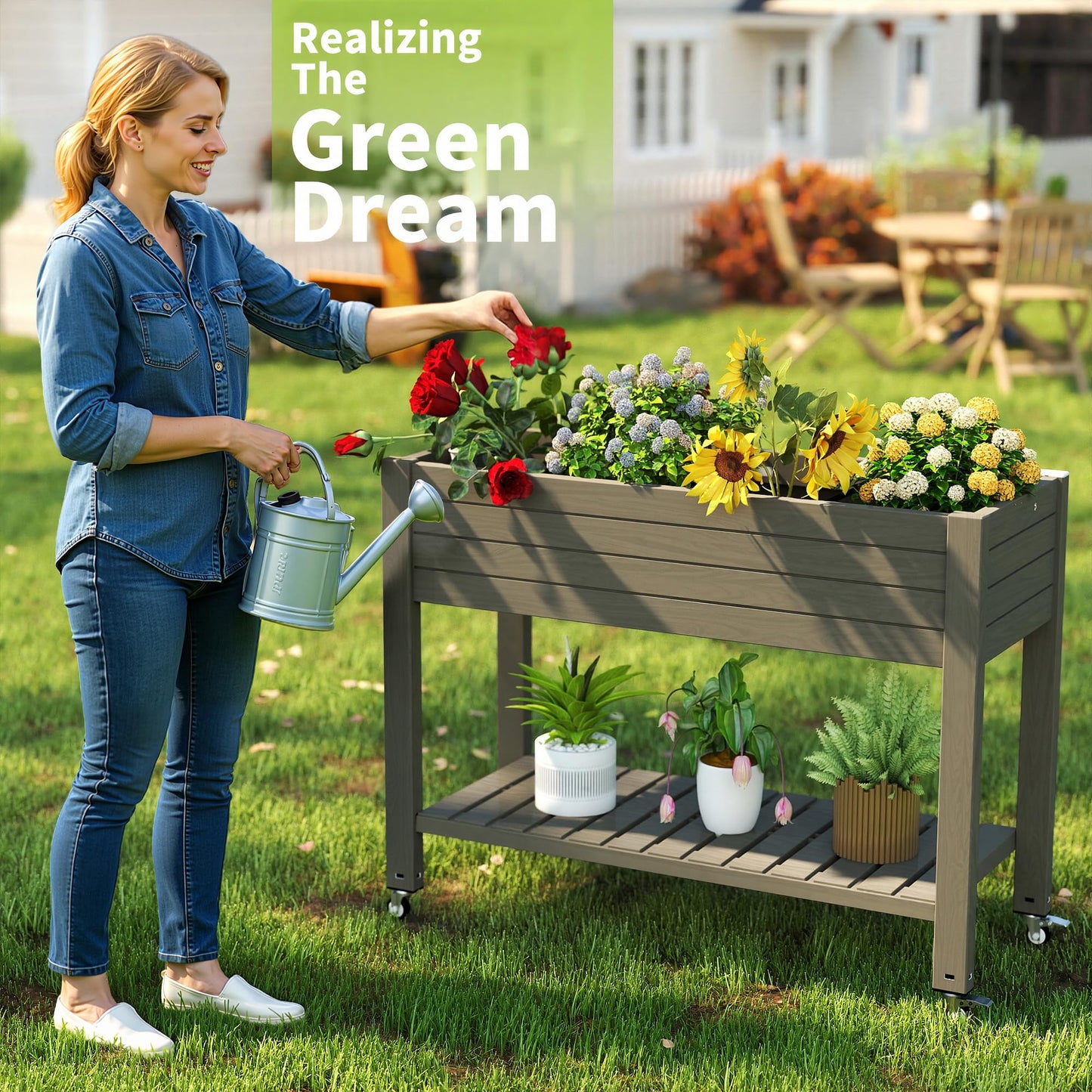 GYMHILL Elevated Raised Garden Bed with Wheels,Outdoor Large Resin Patio Planter Box Stand Divisible with Drain Plug,Water Monitor for Plants Vegetables Flowers Fruits(Grey,43.31 * 17.72 * 33.66)