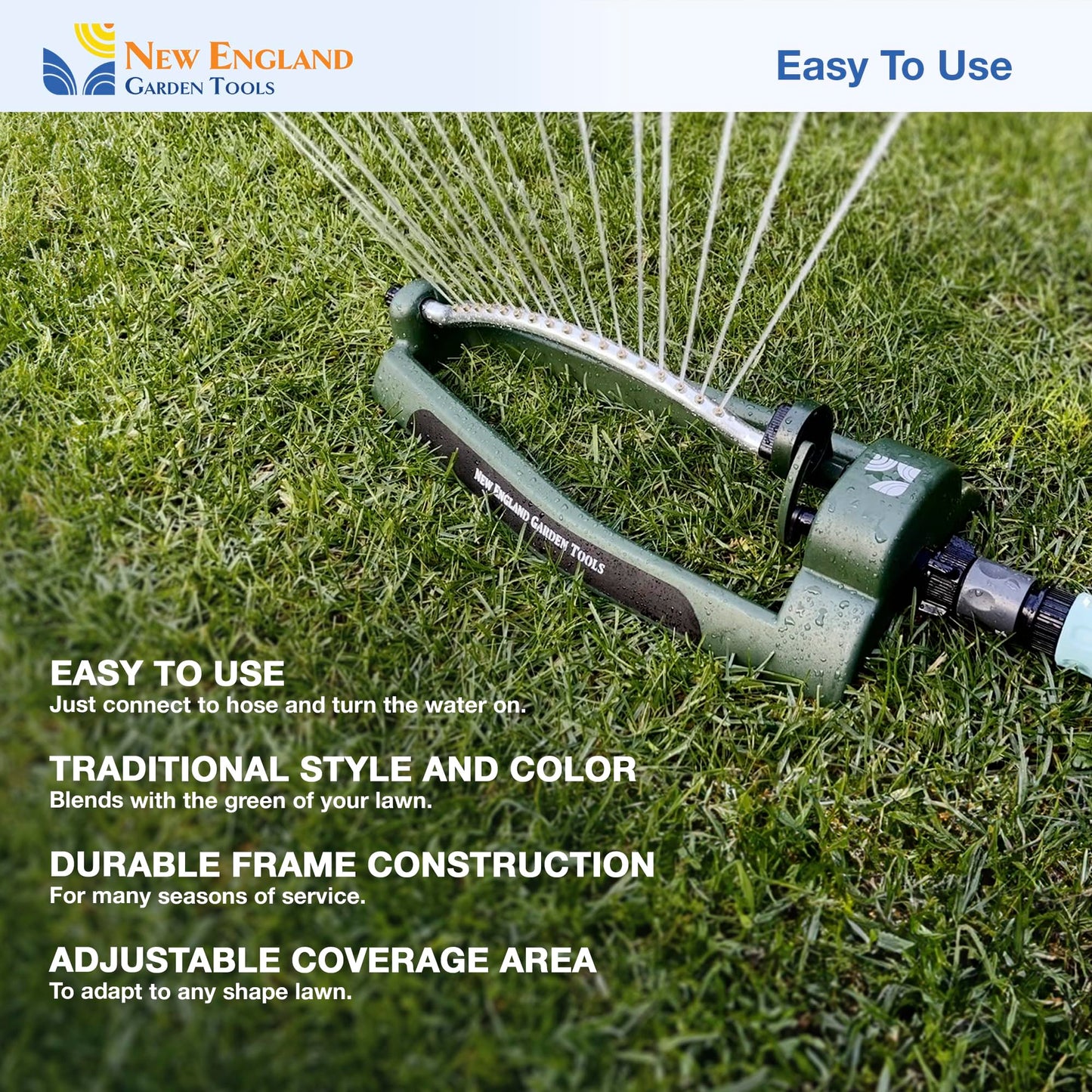 Oscillating Sprinkler 100006, Adjustable Pattern to Cover Up to 2,695 Square Feet, 17 Brass Nozzles on Metal Tube for Even Lawn Watering, by New England Garden Tools