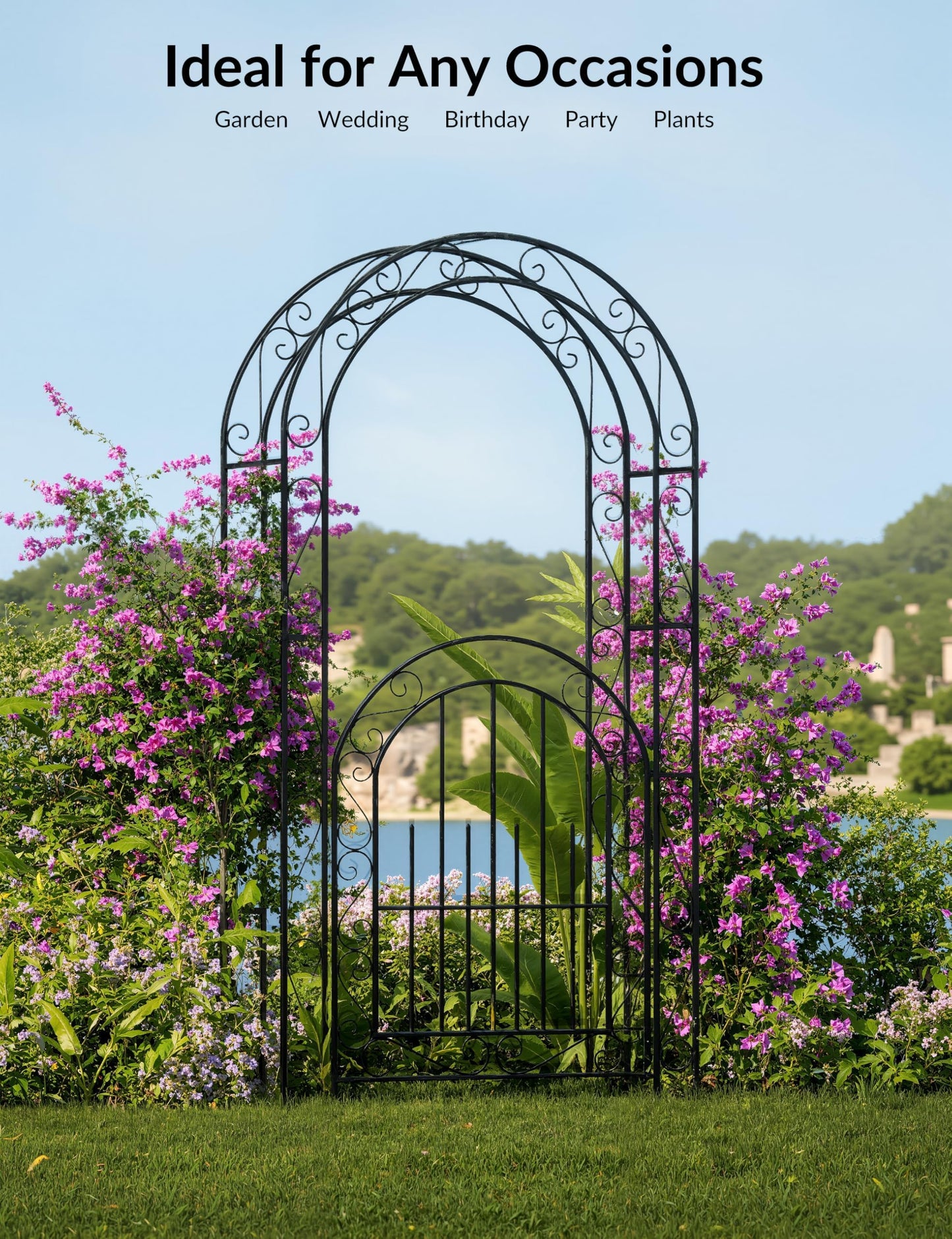 GarveeLife 7 FT Elegant Garden Arch with Gate - Romantic Steel Wedding Arbor for Climbing Roses & Vines, Decorative Metal Archway for Lawn, Patio or Backyard, Classic Black