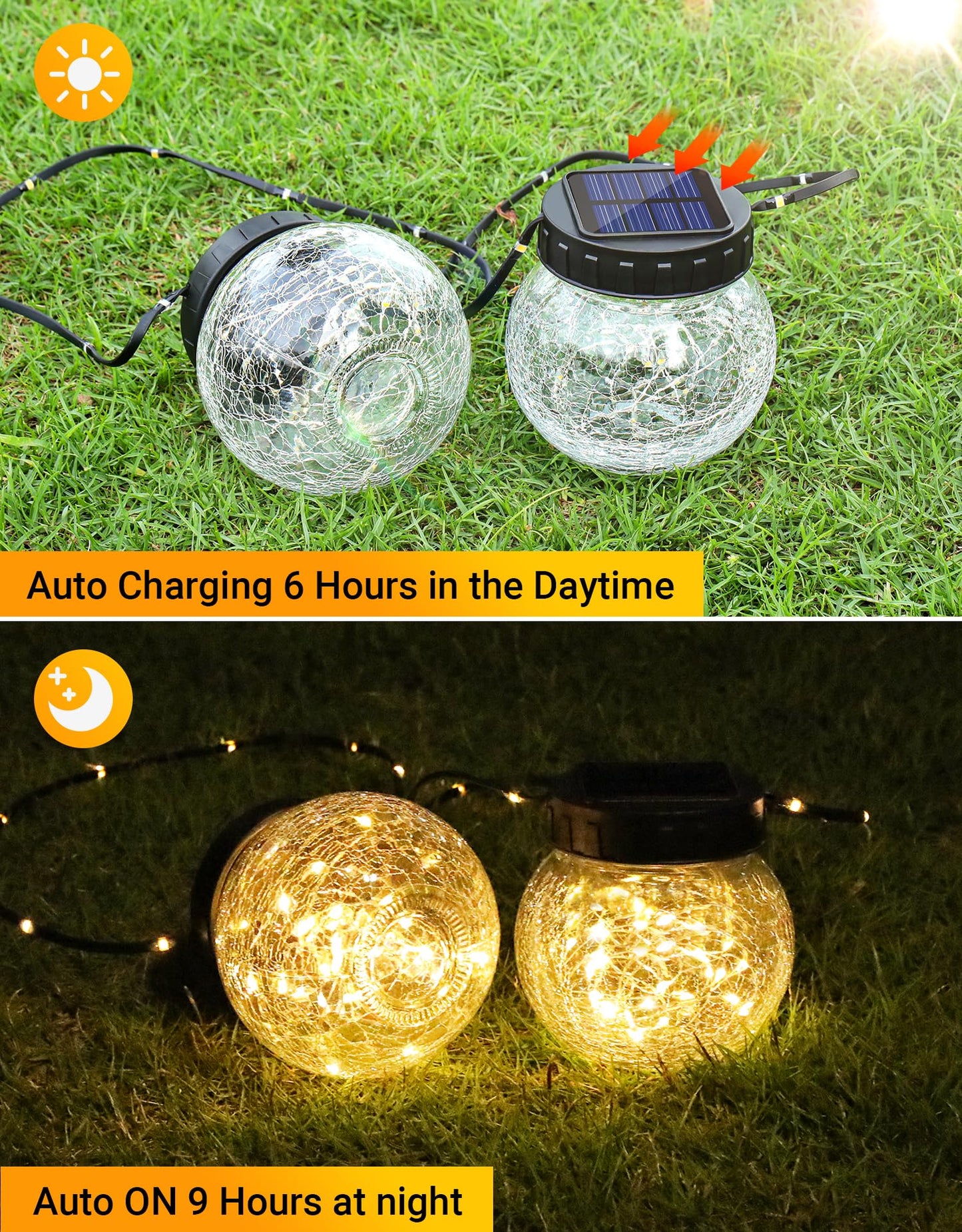 PARTPHONER Solar Lights Outdoor Waterproof 12-Pack, Solar Powered Hanging Lantern Cracked Glass Hanging Globes for Yard Decor Christmas Decoration, Shepherd Hook, Garden Tree Ornaments, Warm White