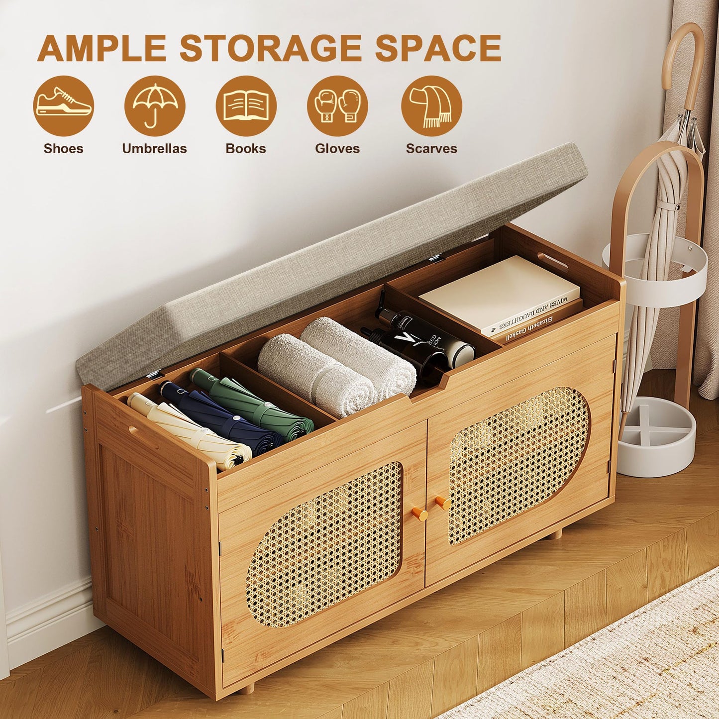 PETKABOO Rattan Shoe Storage Bench, 35.4" Bamboo Entryway Bench, 2-Tier Shoe Rack with 2 Doors & Padded Seat Cushion for Entryway, Living Room, Bedroom