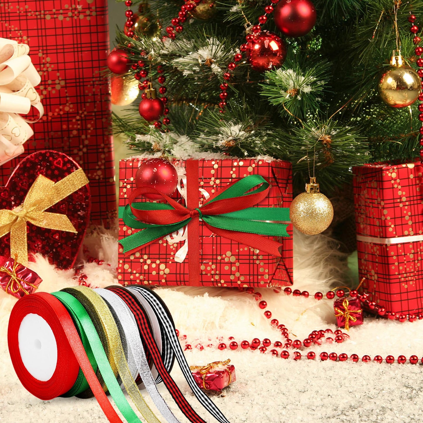 6 Rolls Christmas Wrapping Ribbon 3/8 Inch x 150 Yards Glitter Fabric Holiday Festival Satin Plaid Ribbons for Wrapping Decoration Floral Bows Craft(Christmas)