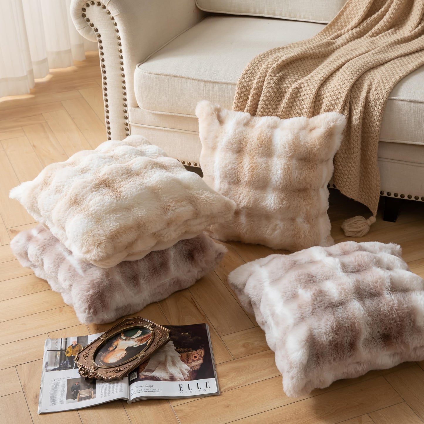 Joyouth Pack of 2 Thick Plush Throw Pillow Covers Fluffy Wave Faux Fur Decorative Cushion Covers Soft Wool Pillowcase for Sofa Couch Livingroom 18x18 Inch White Beige